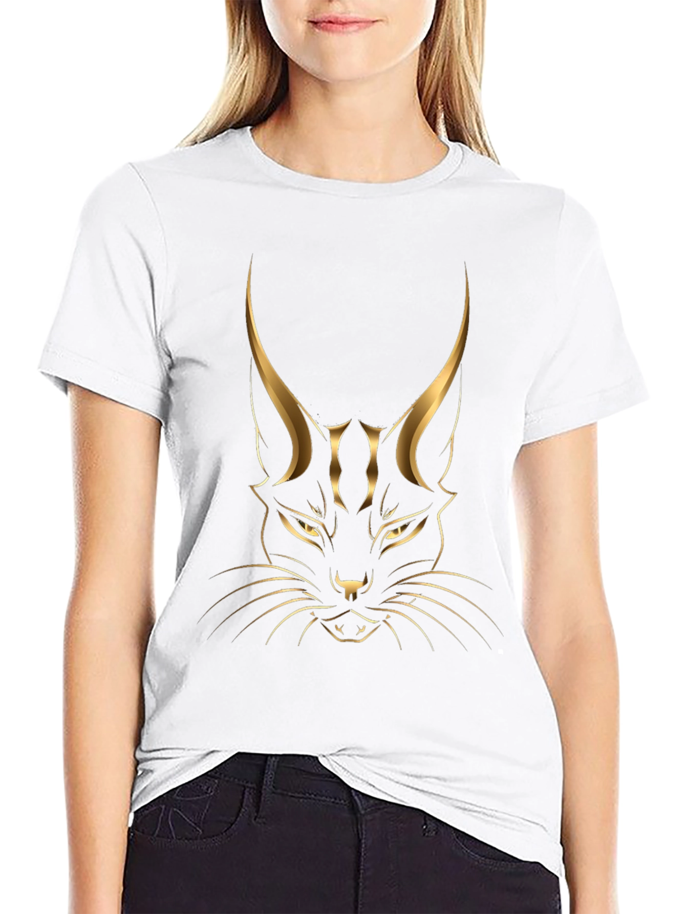 Black Black T-shirt with Golden Cat Graphic view 9