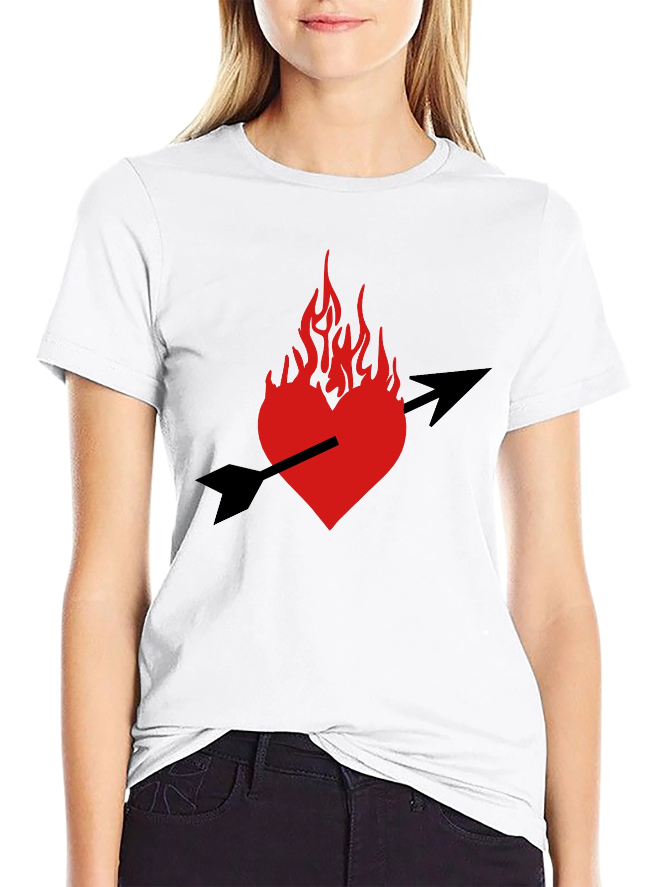 Black Burning Heart Arrow Graphic Black T-Shirt view 9