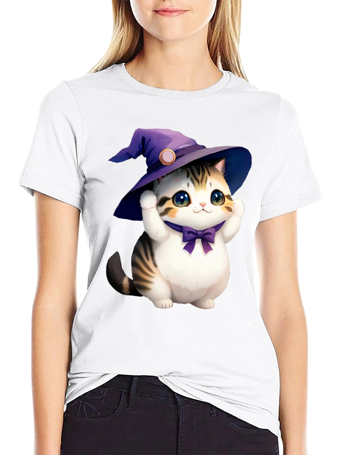 Black Cute Cat in Witch Hat Graphic Tee - Black view 9