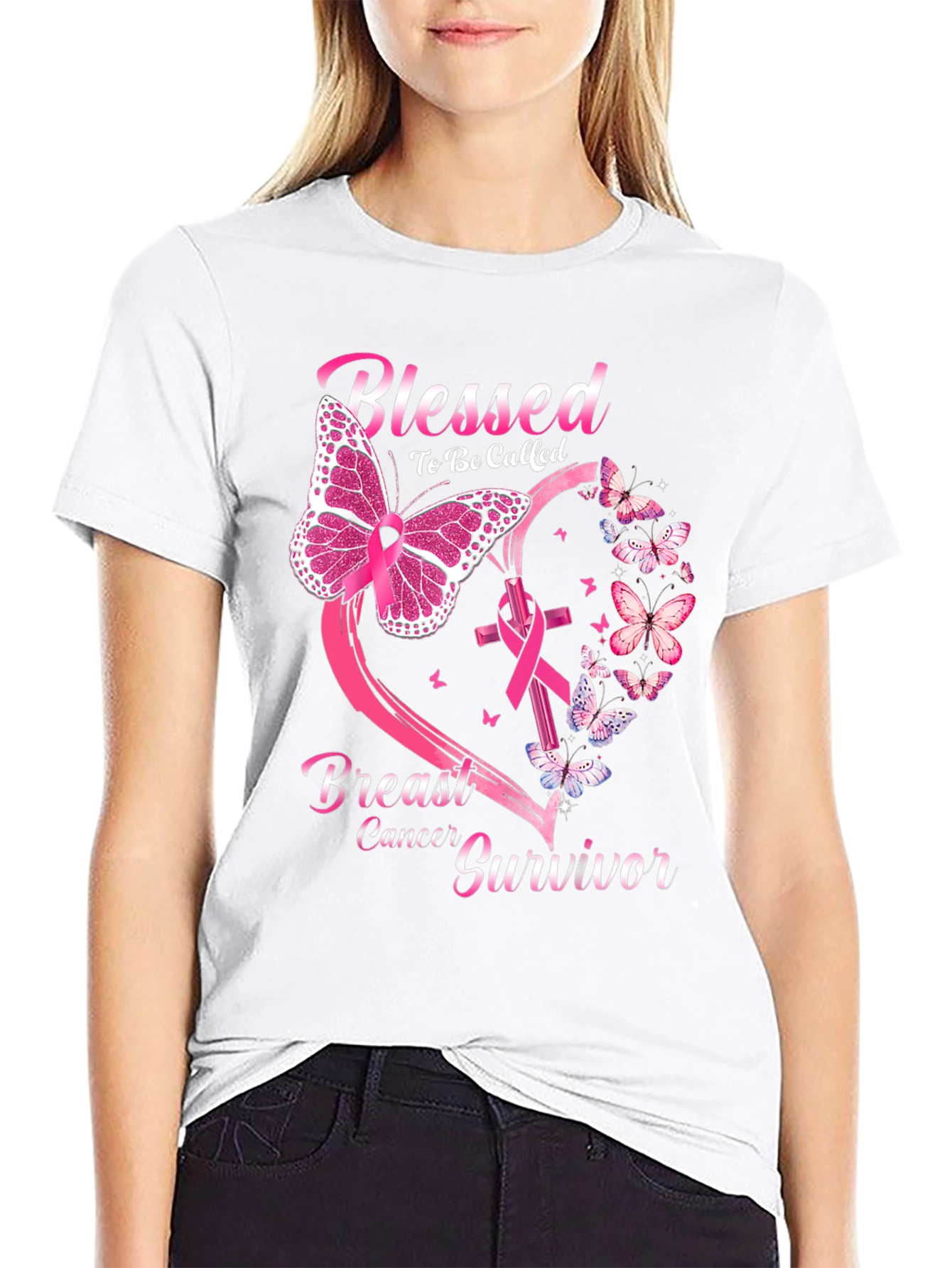 Black Breast Cancer Survivor Butterfly T-Shirt view 9