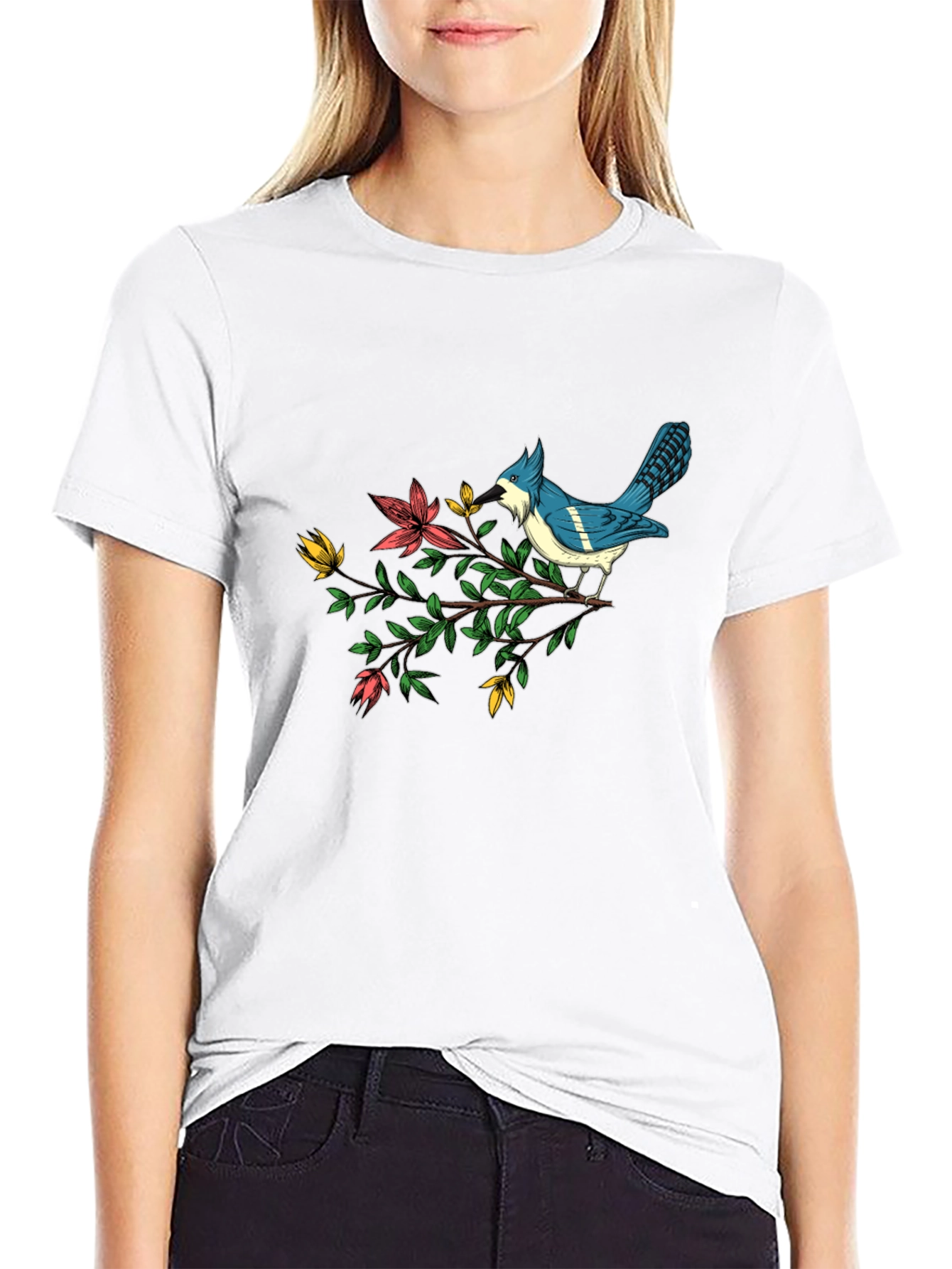 Black Blue Jay on Branch Graphic Tee - Soft Cotton Blend view 9
