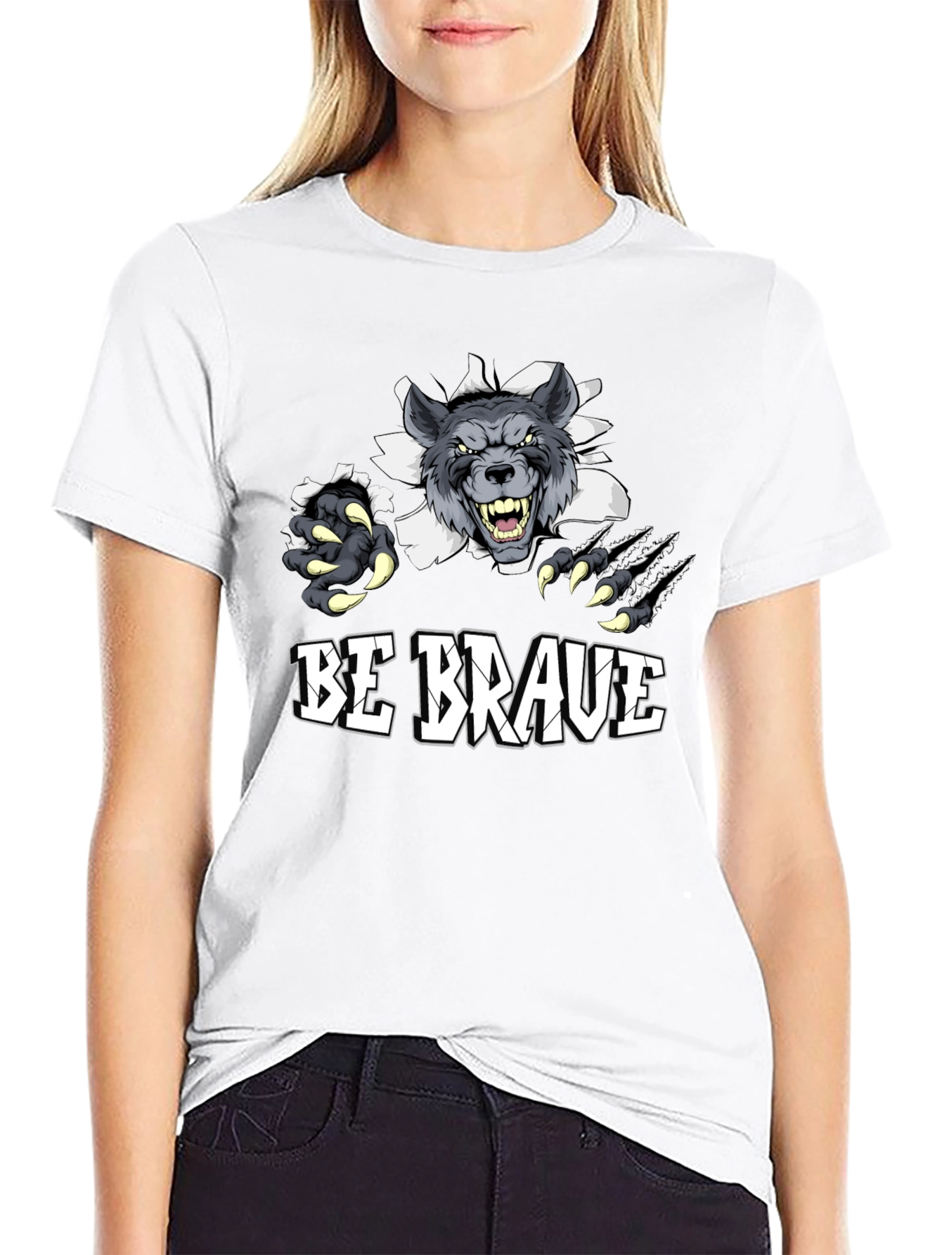 Black Be Brave Wolf Graphic Print T-Shirt view 9