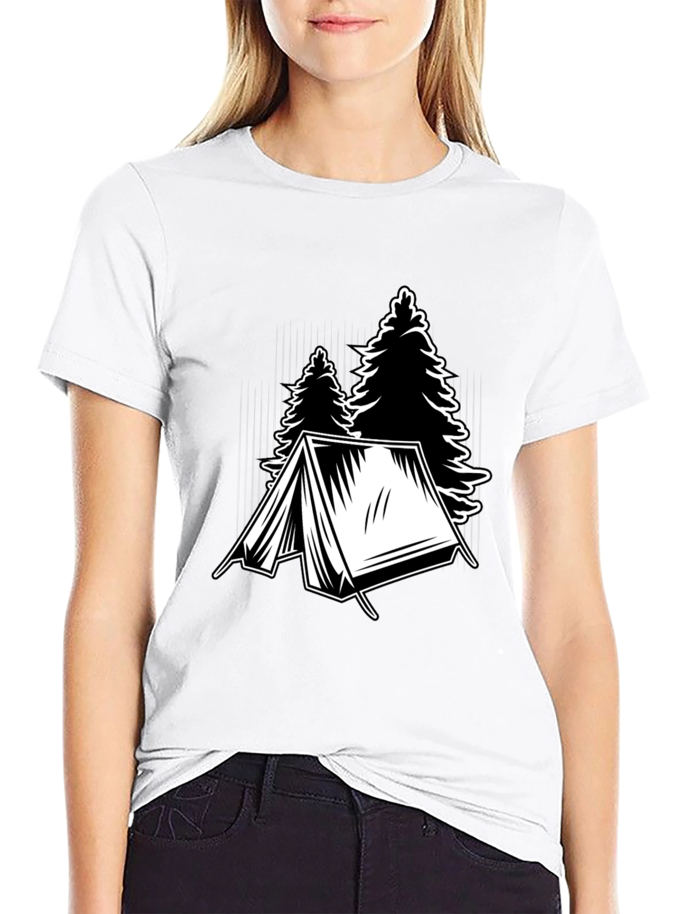 Black Camping Tent and Trees Graphic Tee - Black view 9