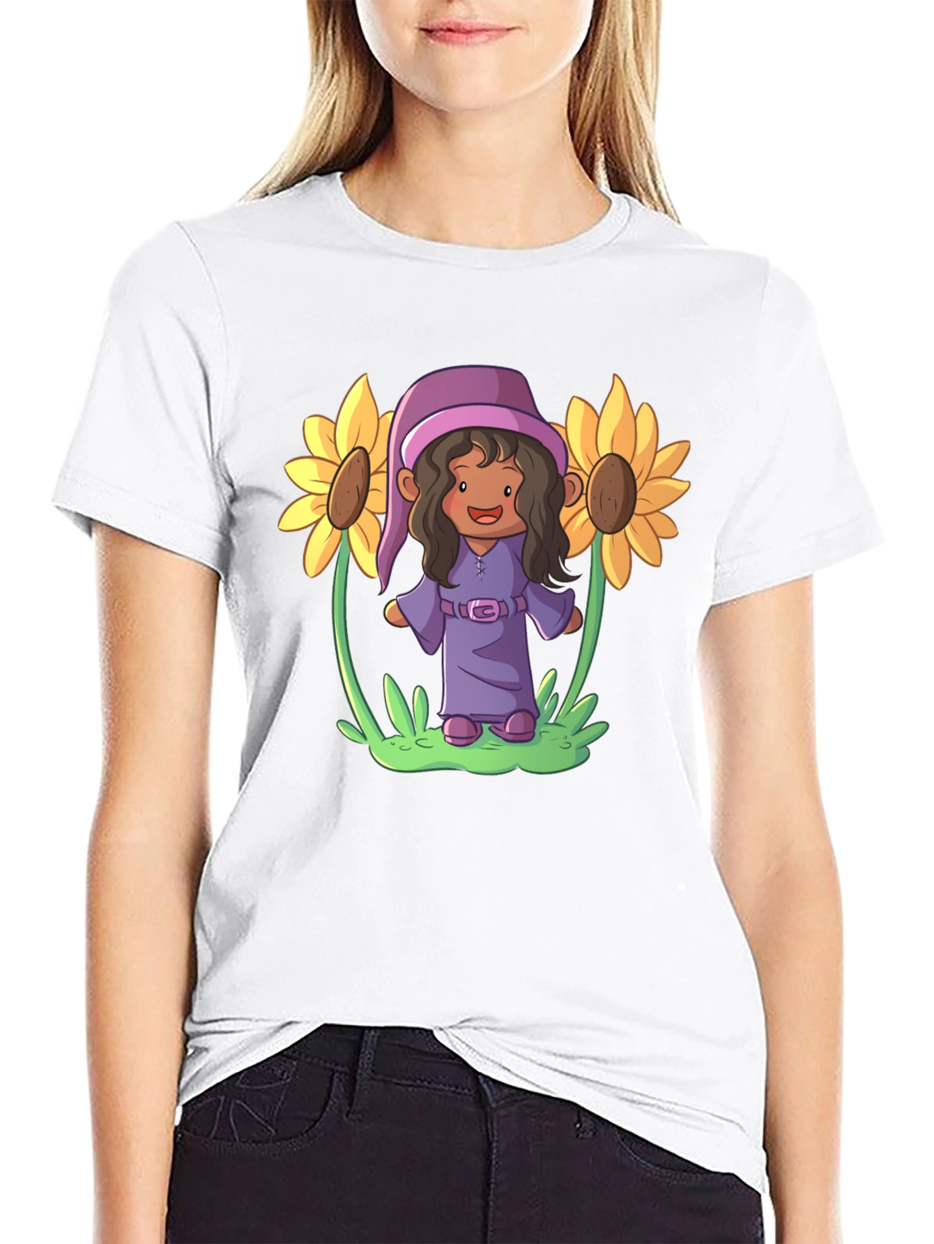 Black Sunflower Gnome Graphic Tee - Black Cotton Blend view 9