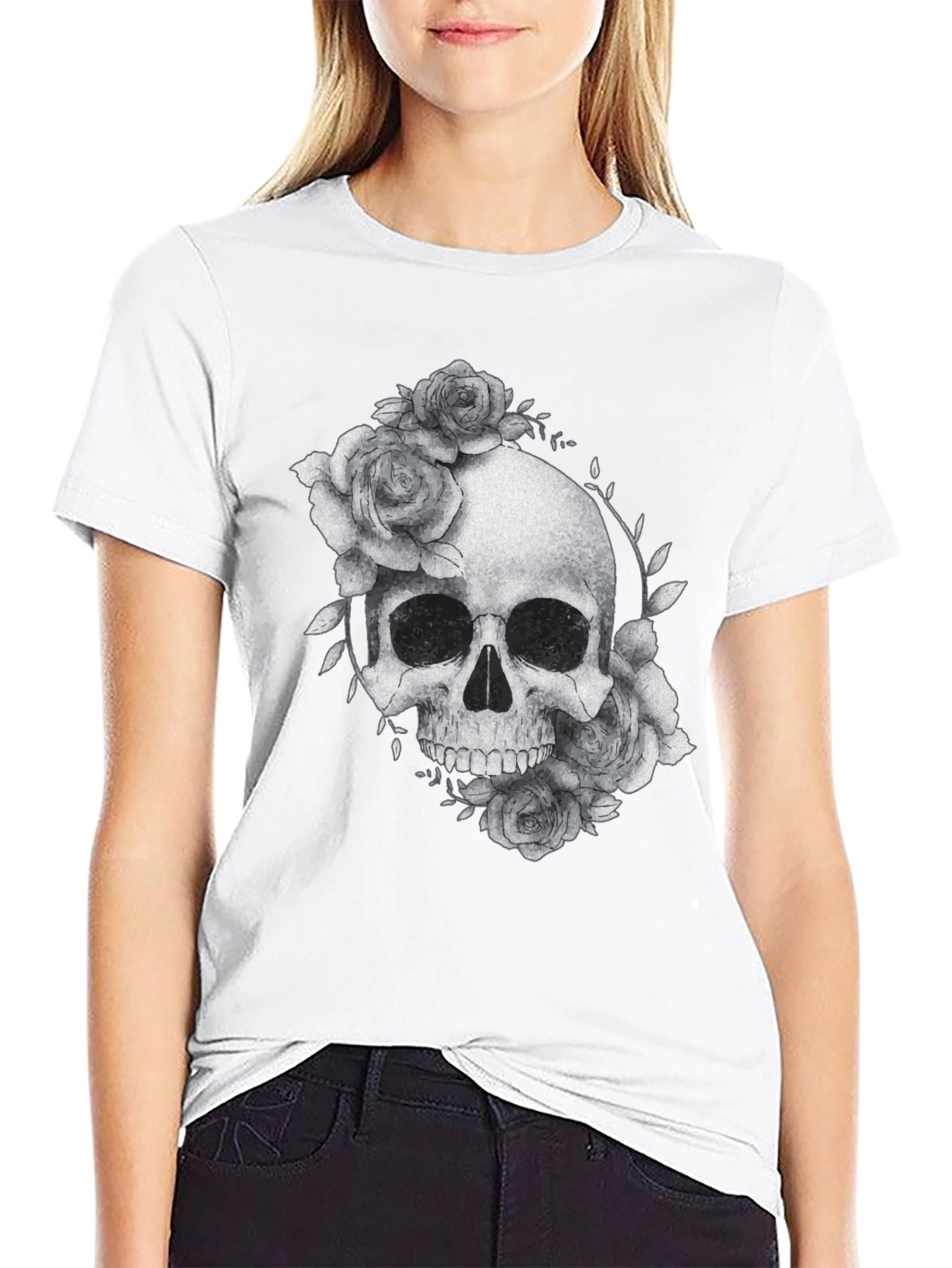 Black Skull & Roses Graphic Tee - Black Casual T-Shirt view 9