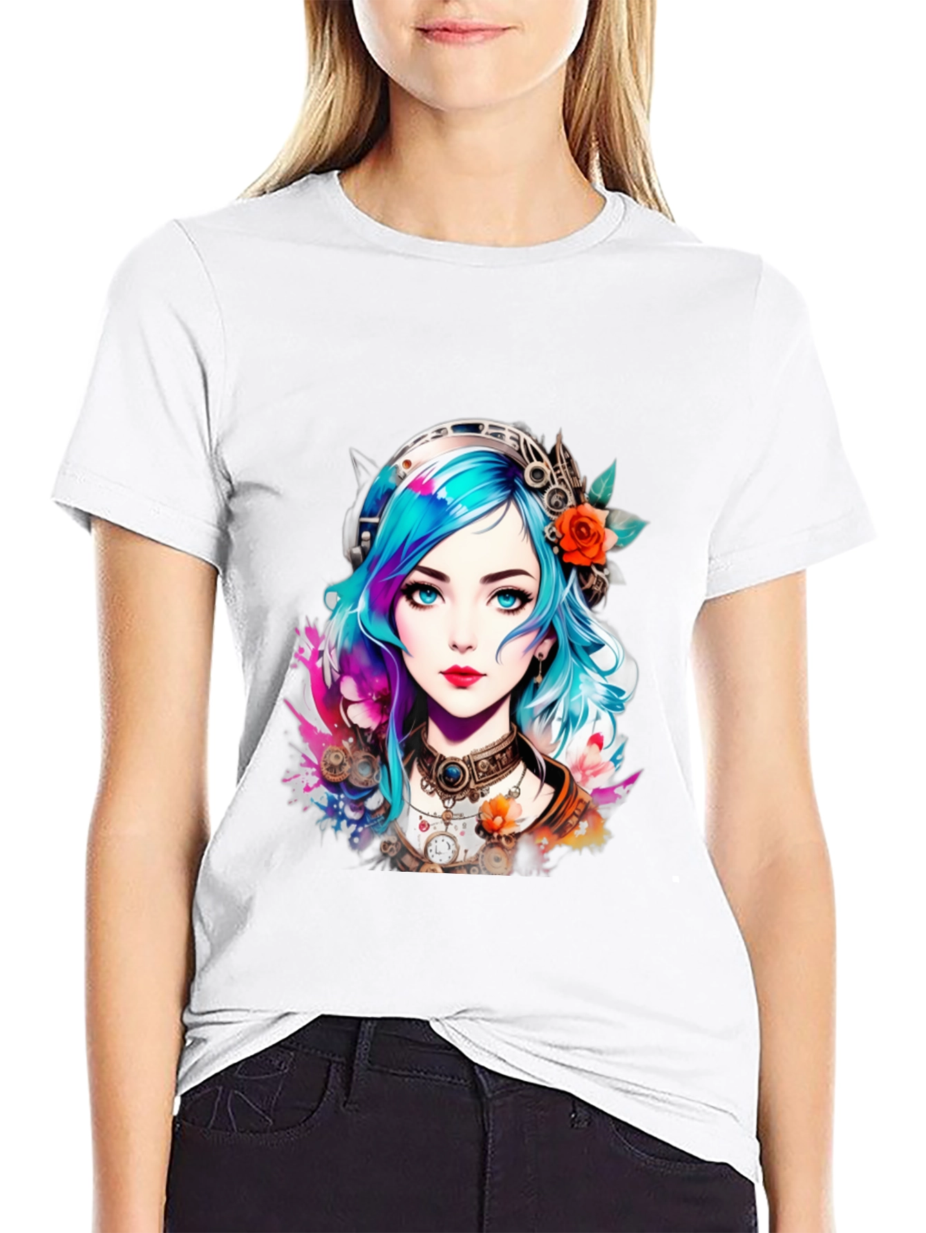 Black Steampunk Anime Girl Graphic Tee view 9