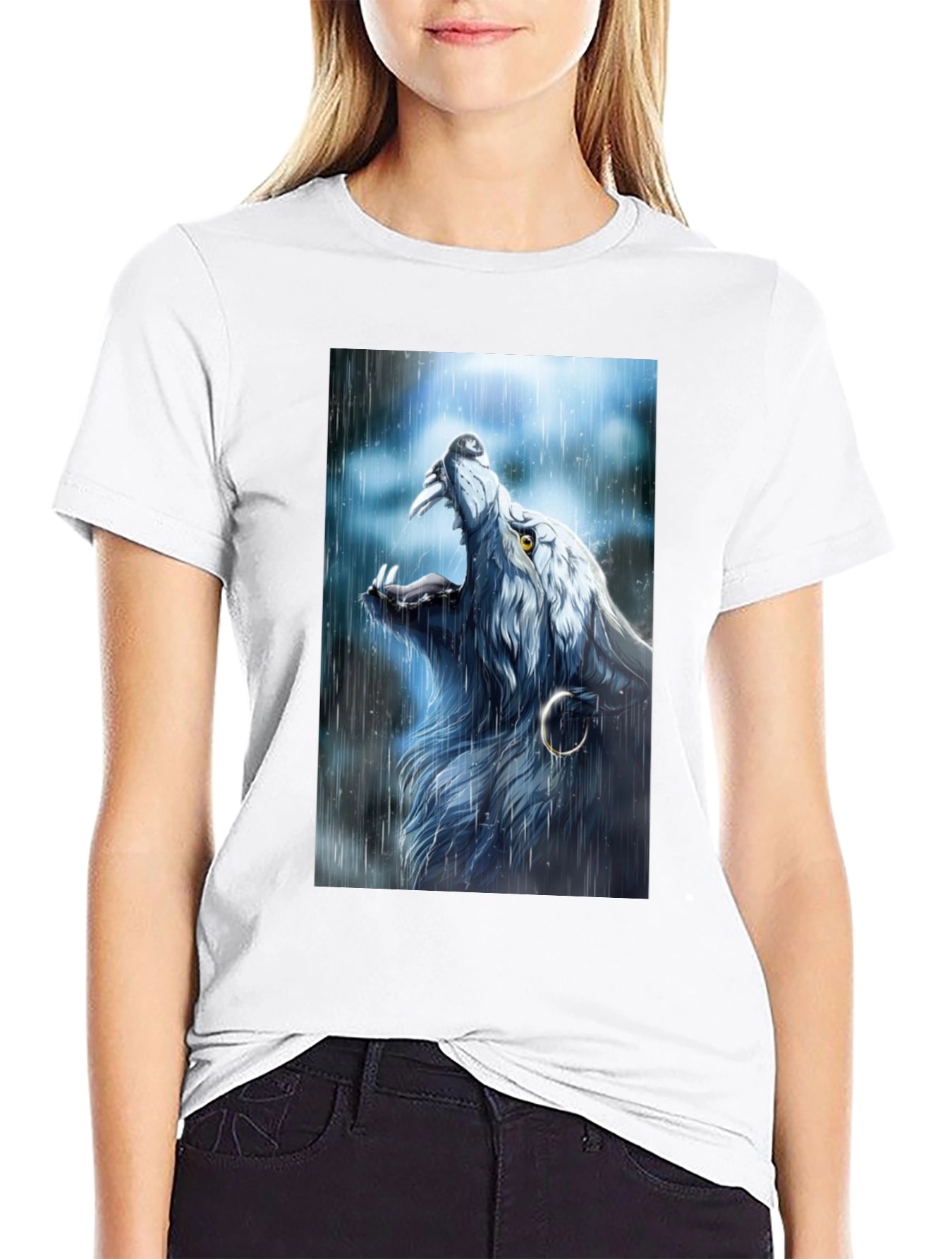 Black Wolf Howling in Rain Graphic Black T-Shirt view 9