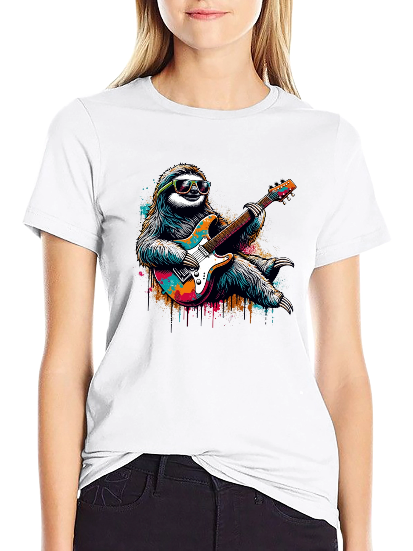Black Cool Sloth Guitar Player Graphic Tee - Black view 9
