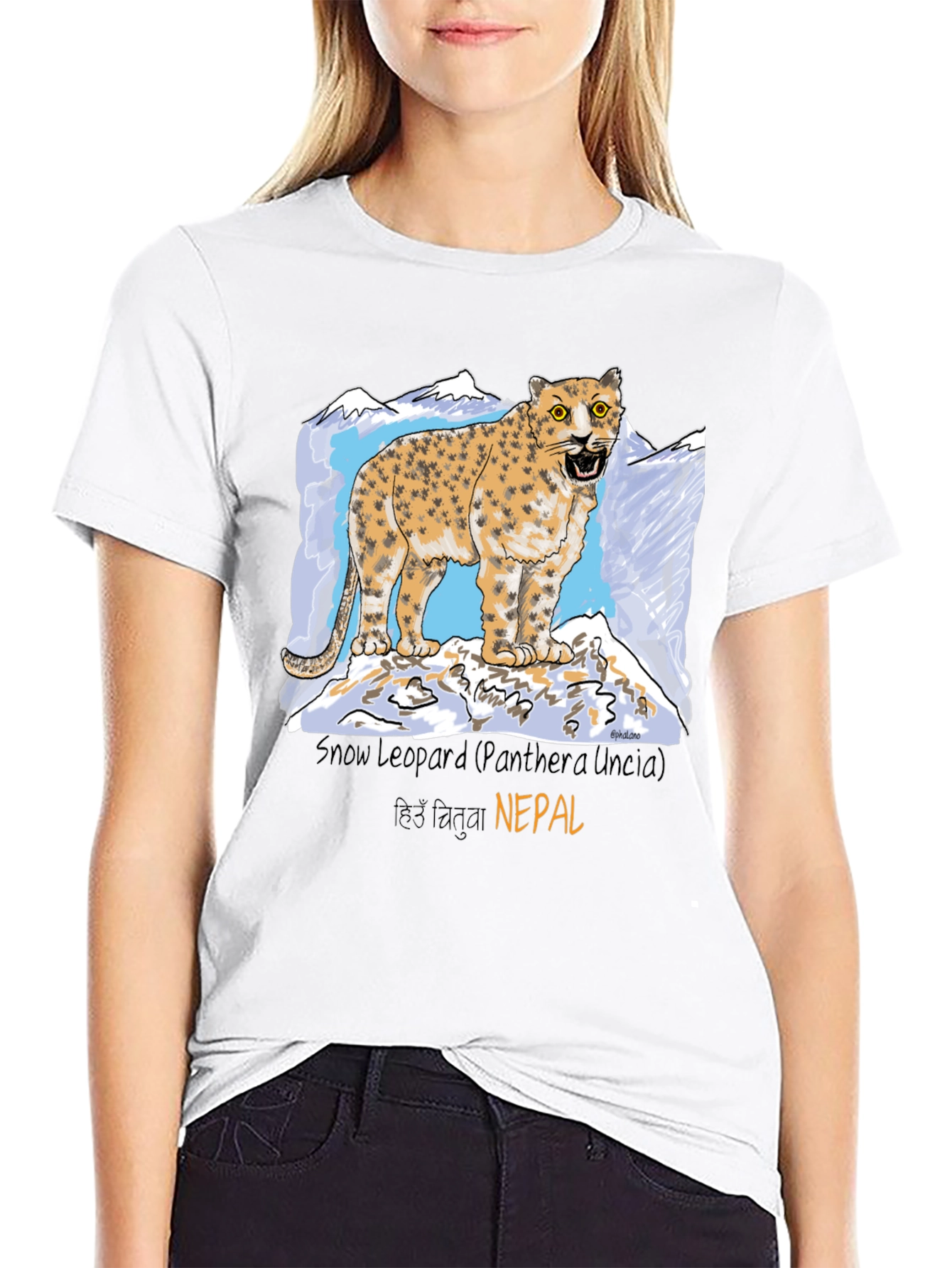 Black Snow Leopard Graphic Tee - Nepal Wildlife Shirt view 9