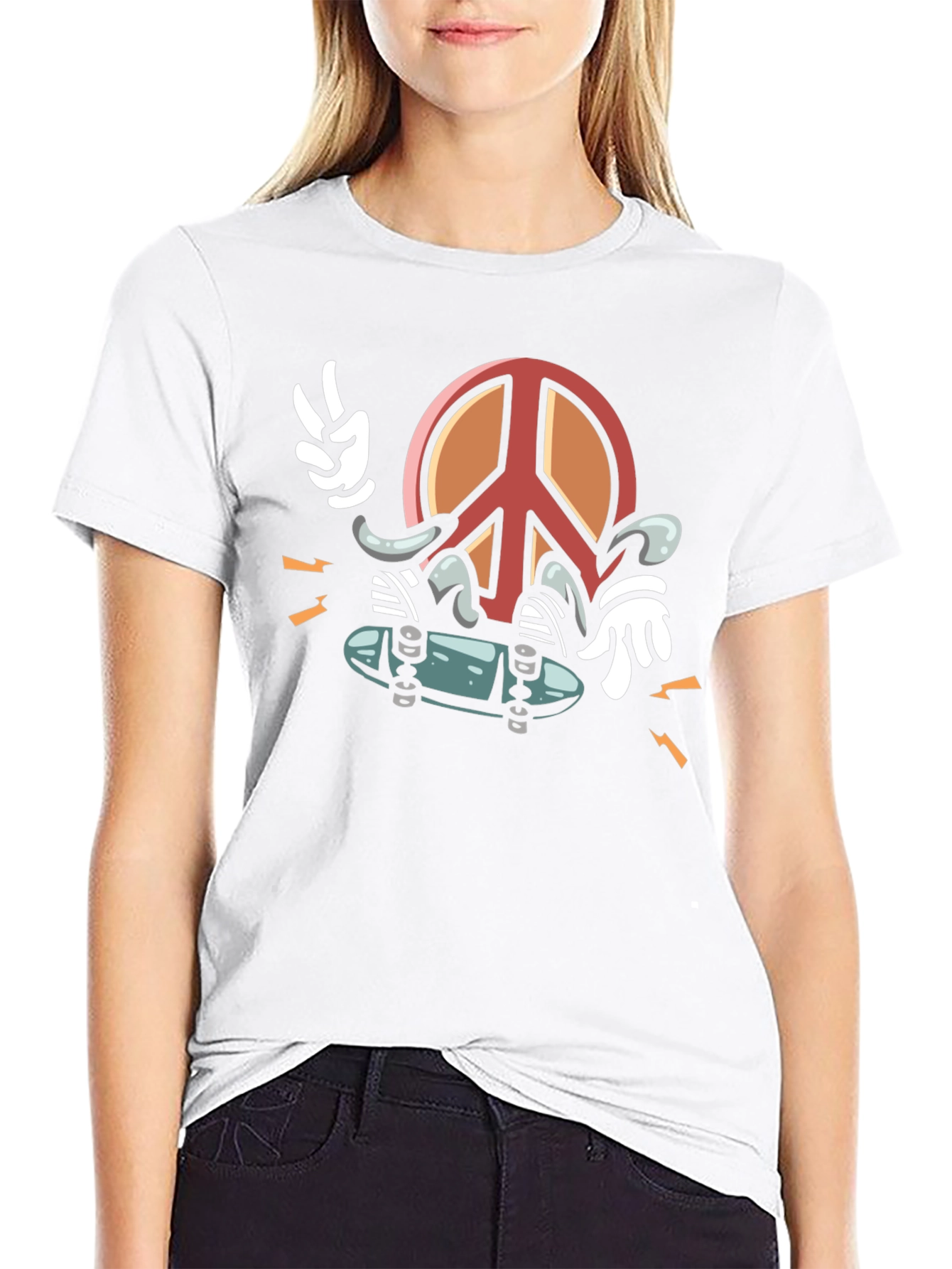 Black Cool Peace Sign Skateboarder Graphic Black T-Shirt view 9