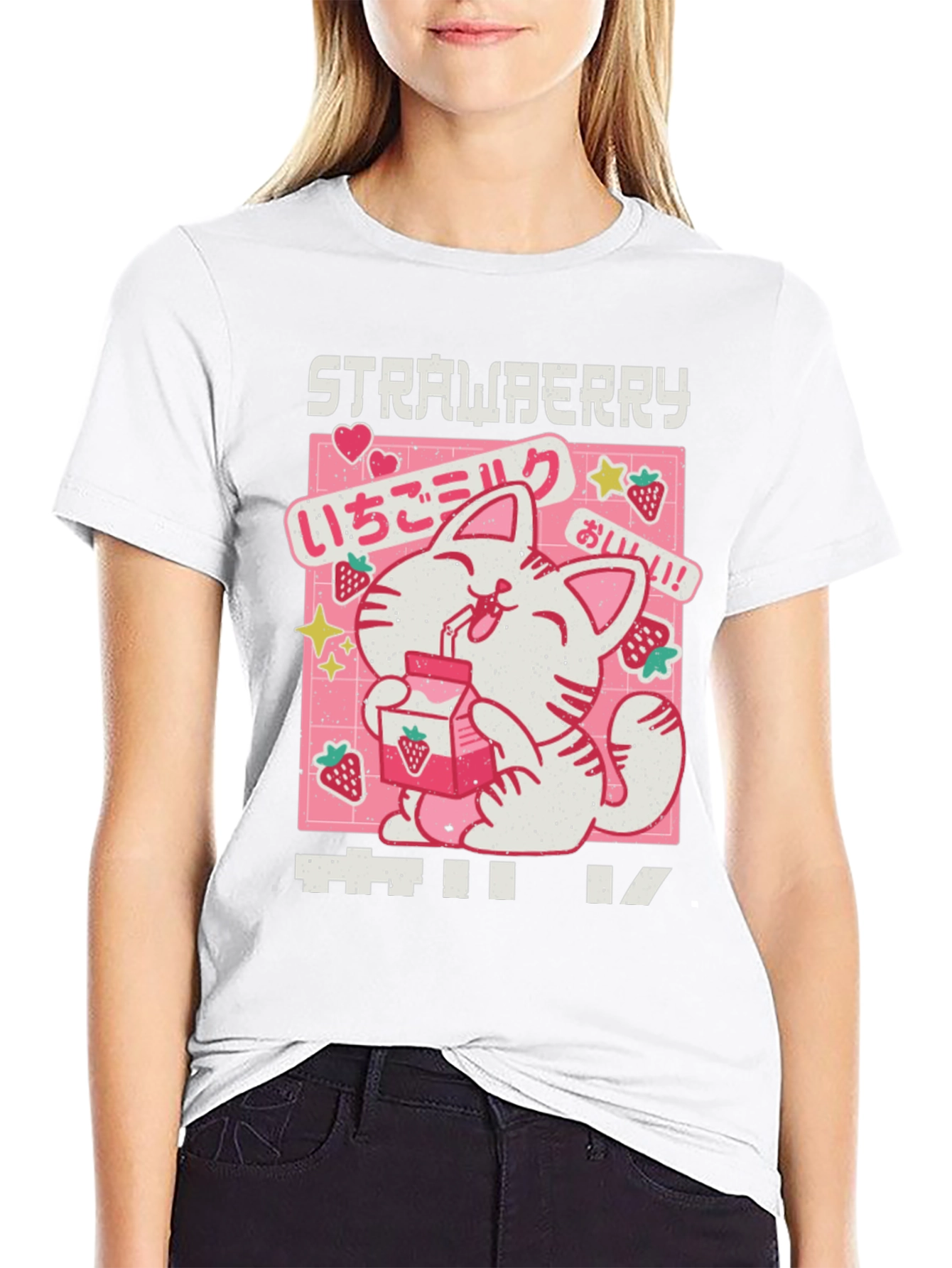 Black Strawberry Milk Kawaii Cat Graphic Tee view 9