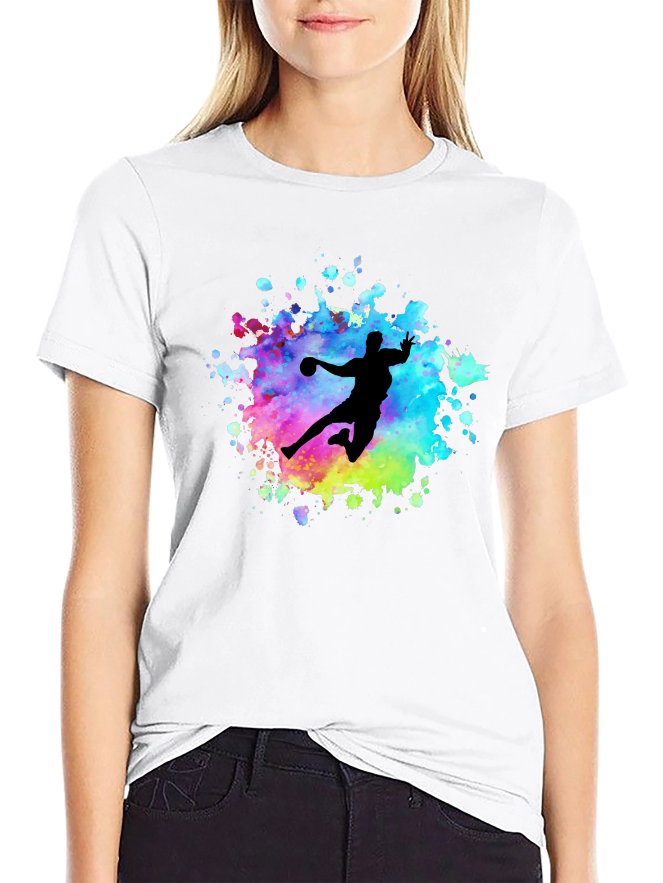 Black Watercolor Handball Player T-Shirt - Black view 9