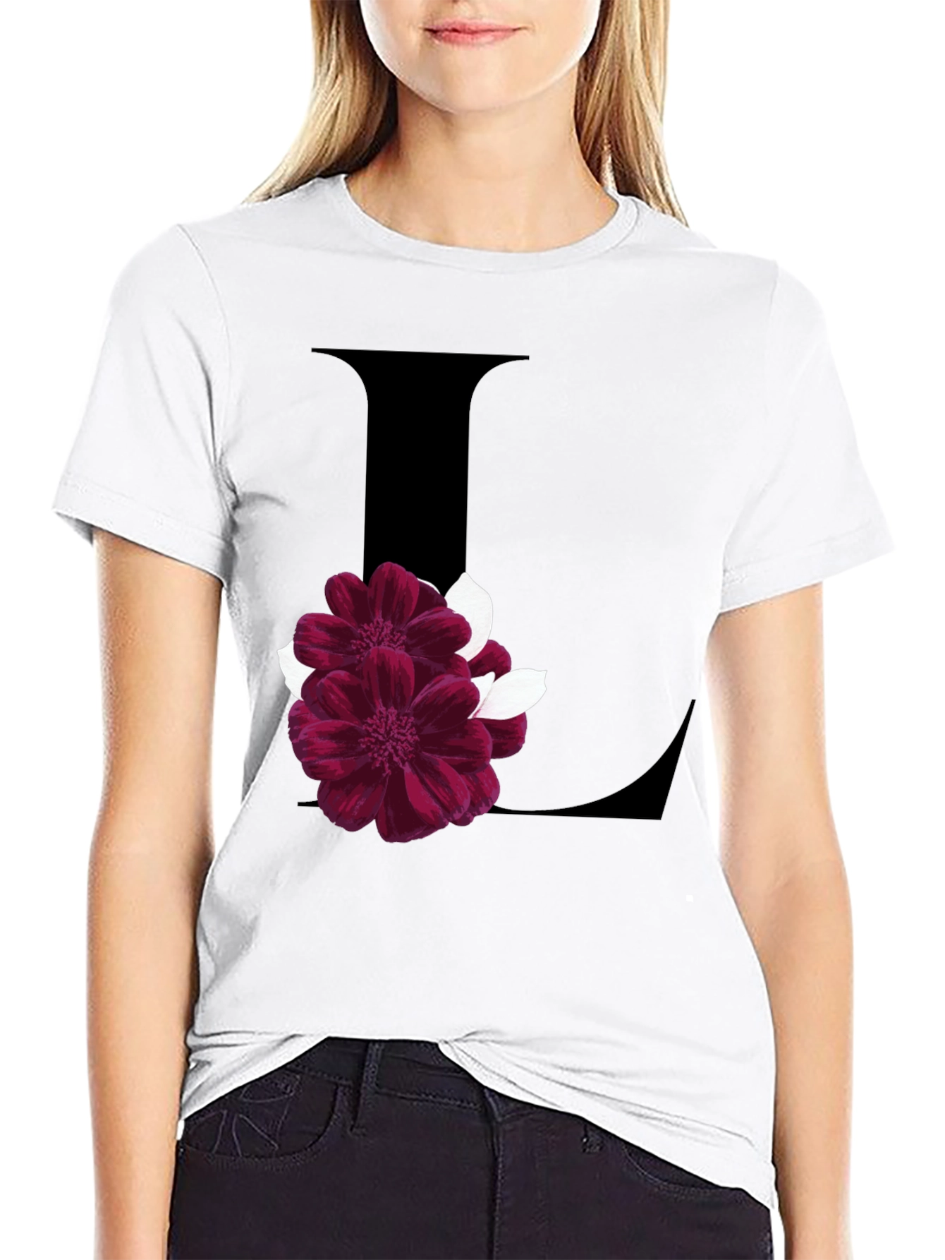 Black Floral Letter L Black T-Shirt view 9