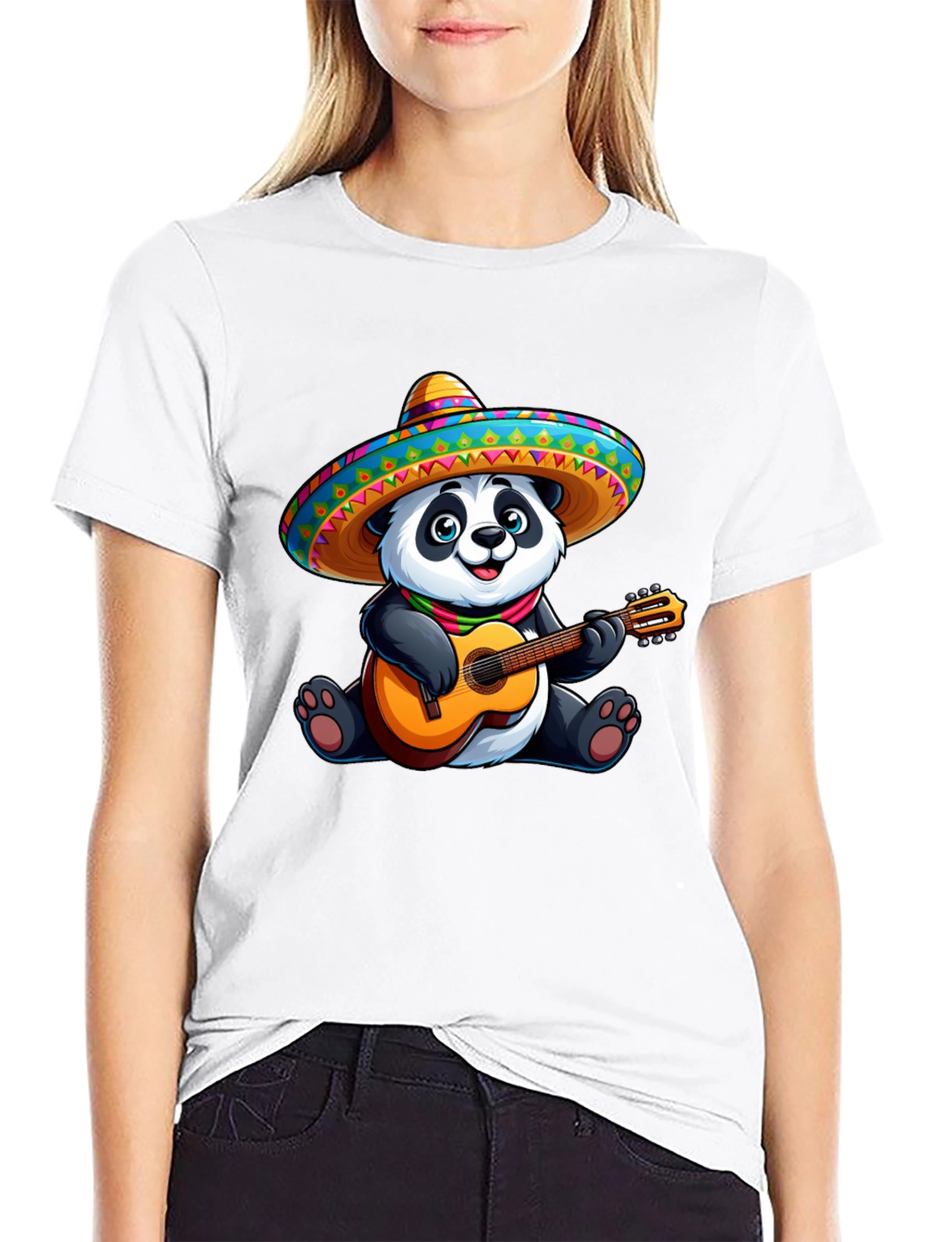 Black Panda Guitarist Graphic Tee - Black Cotton T-Shirt view 9