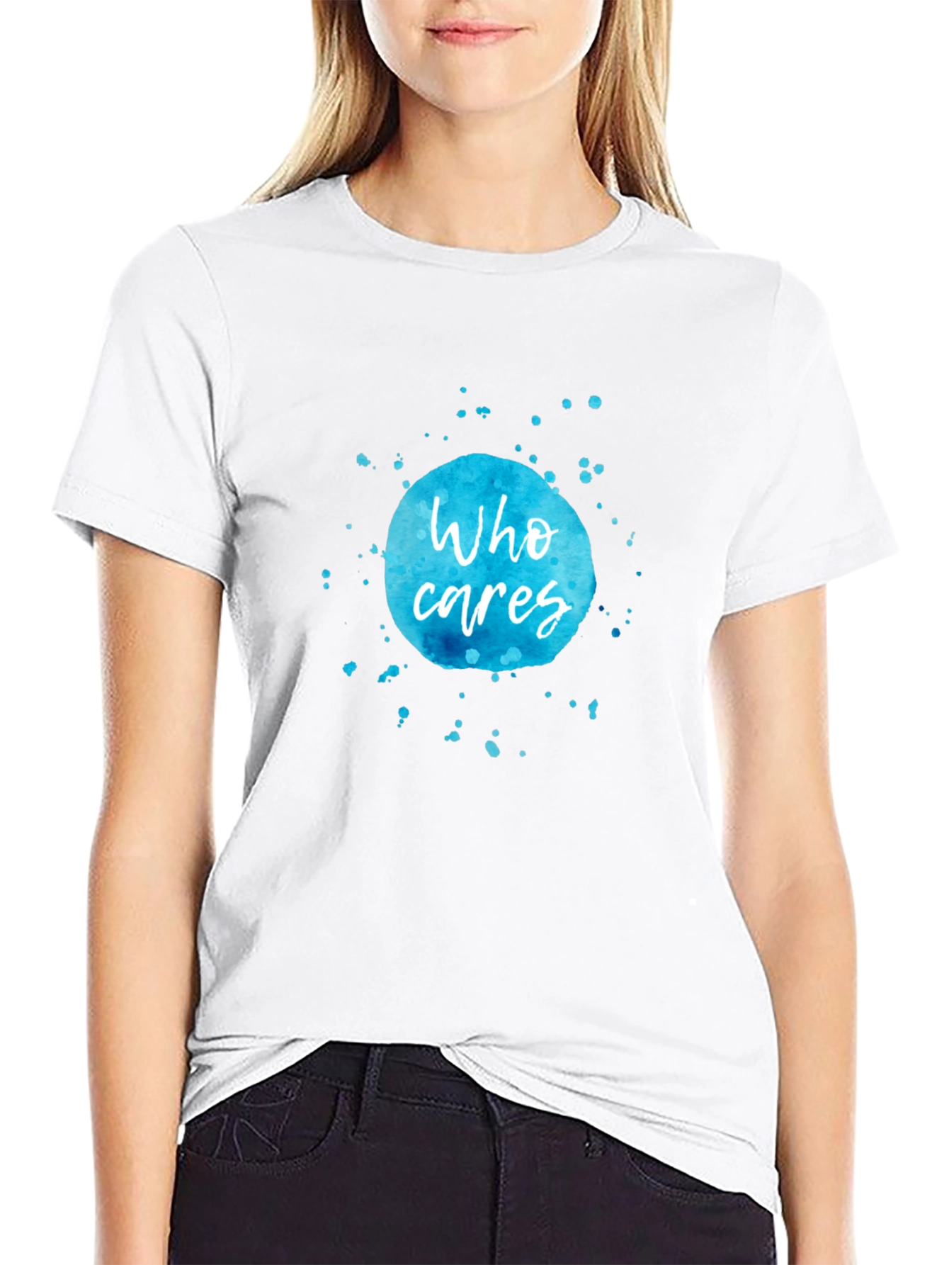 Black Who Cares T-Shirt - Watercolor Design view 9