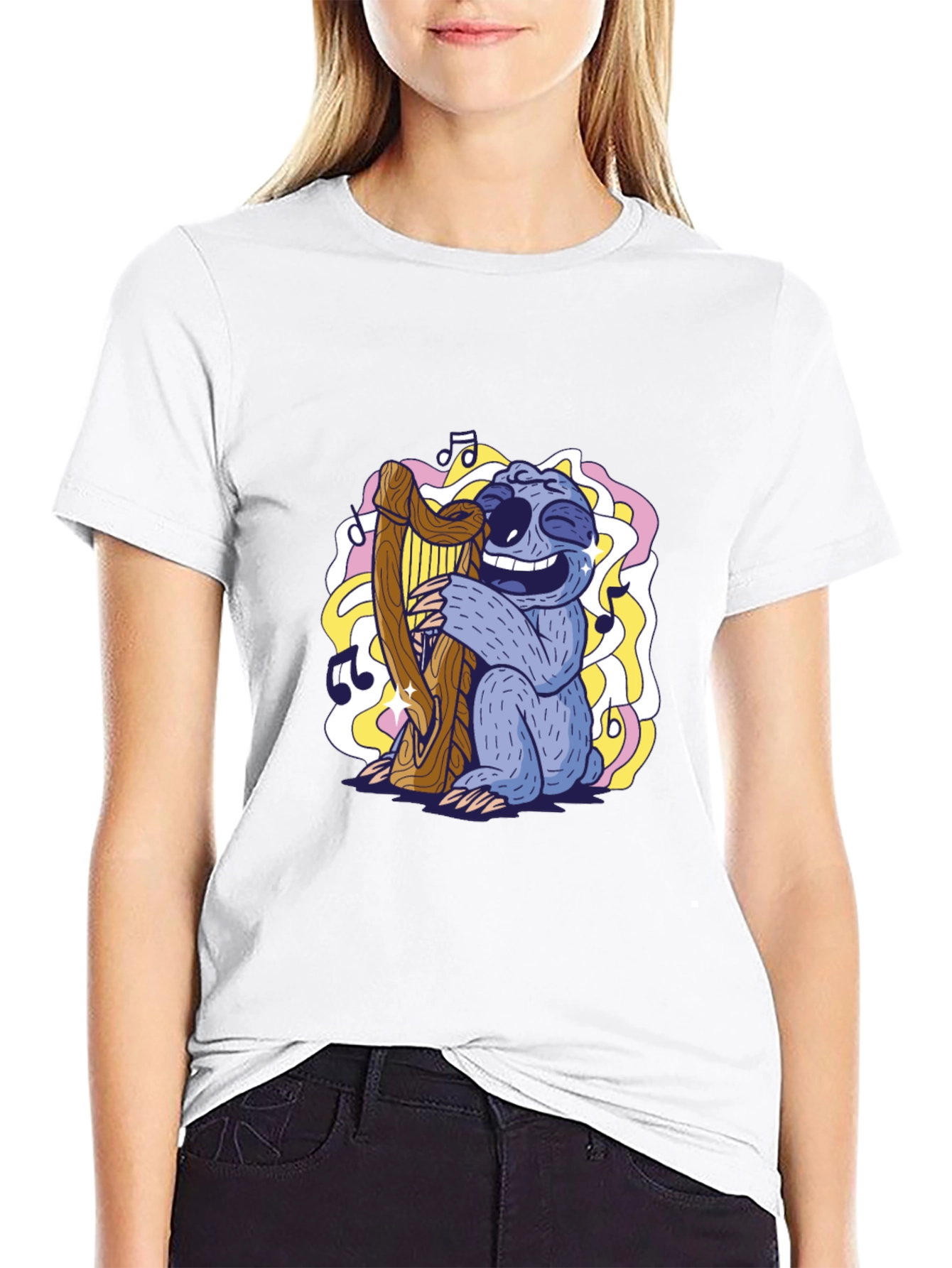 Black Sloth Harpist Graphic Tee - Fun Music Lover's Shirt view 9