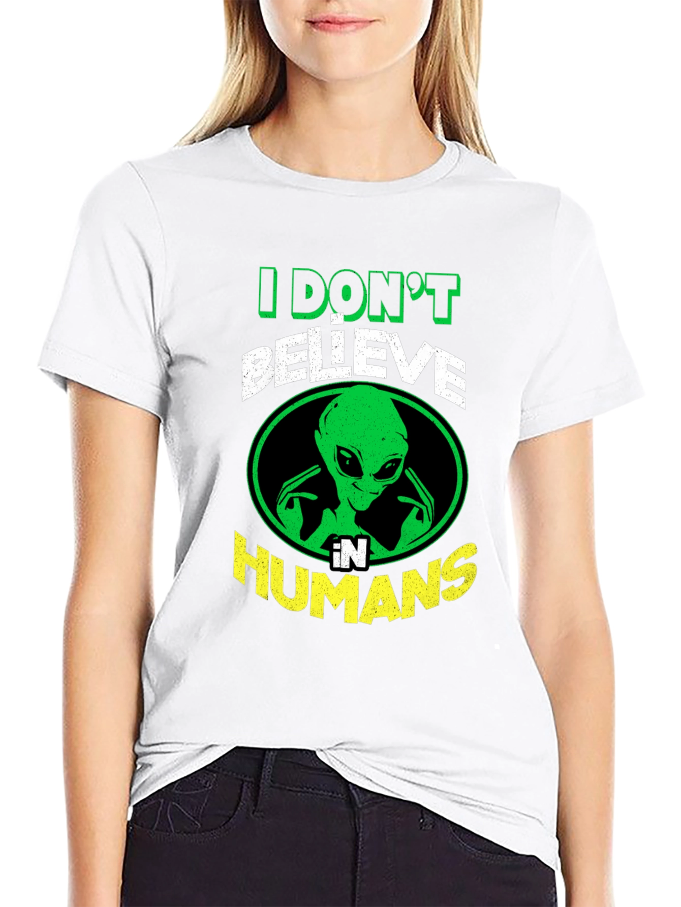 Black I Don't Believe in Humans Alien Graphic T-Shirt view 9
