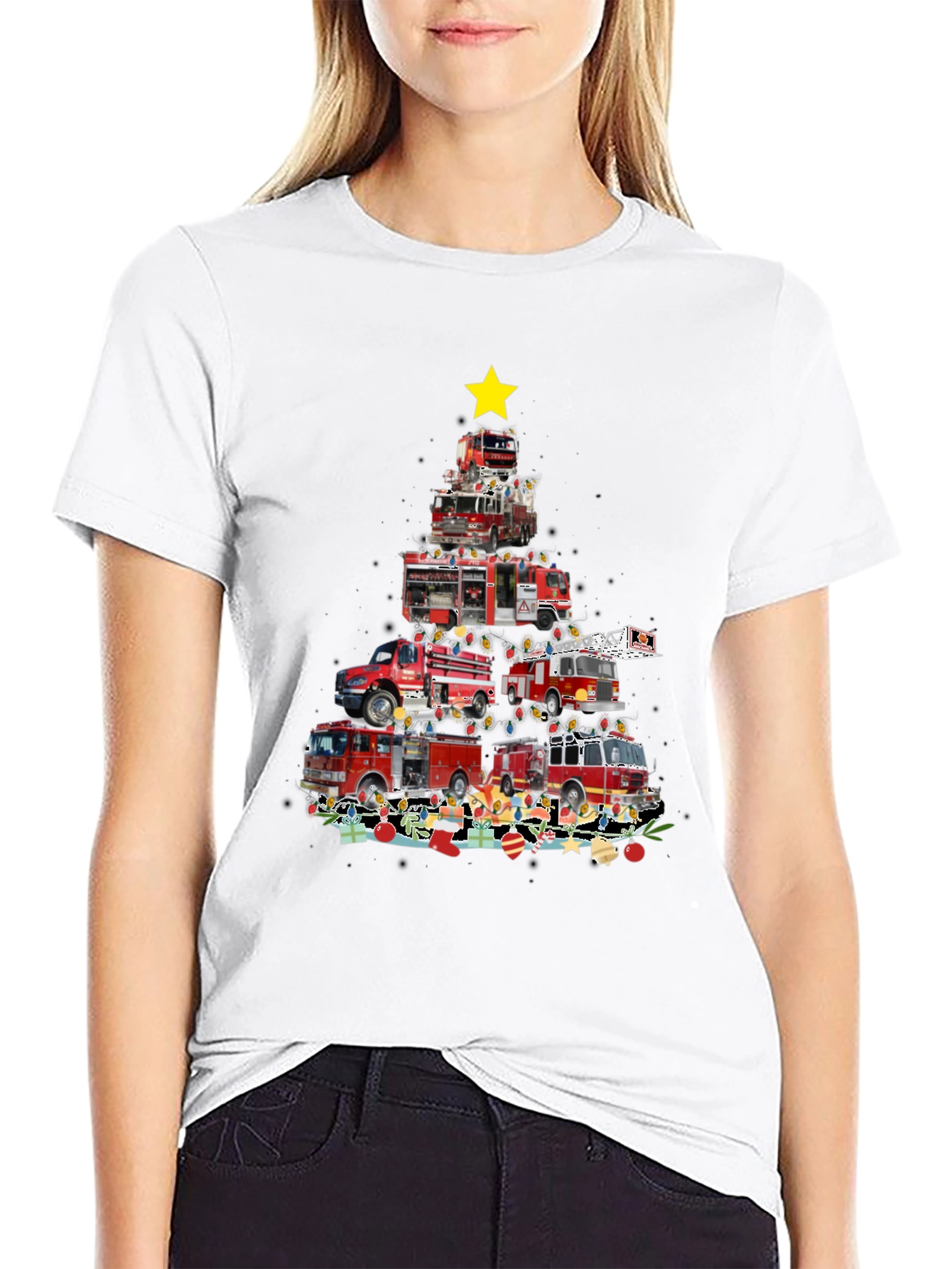 Black Firetruck Christmas Tree Graphic Tee view 9
