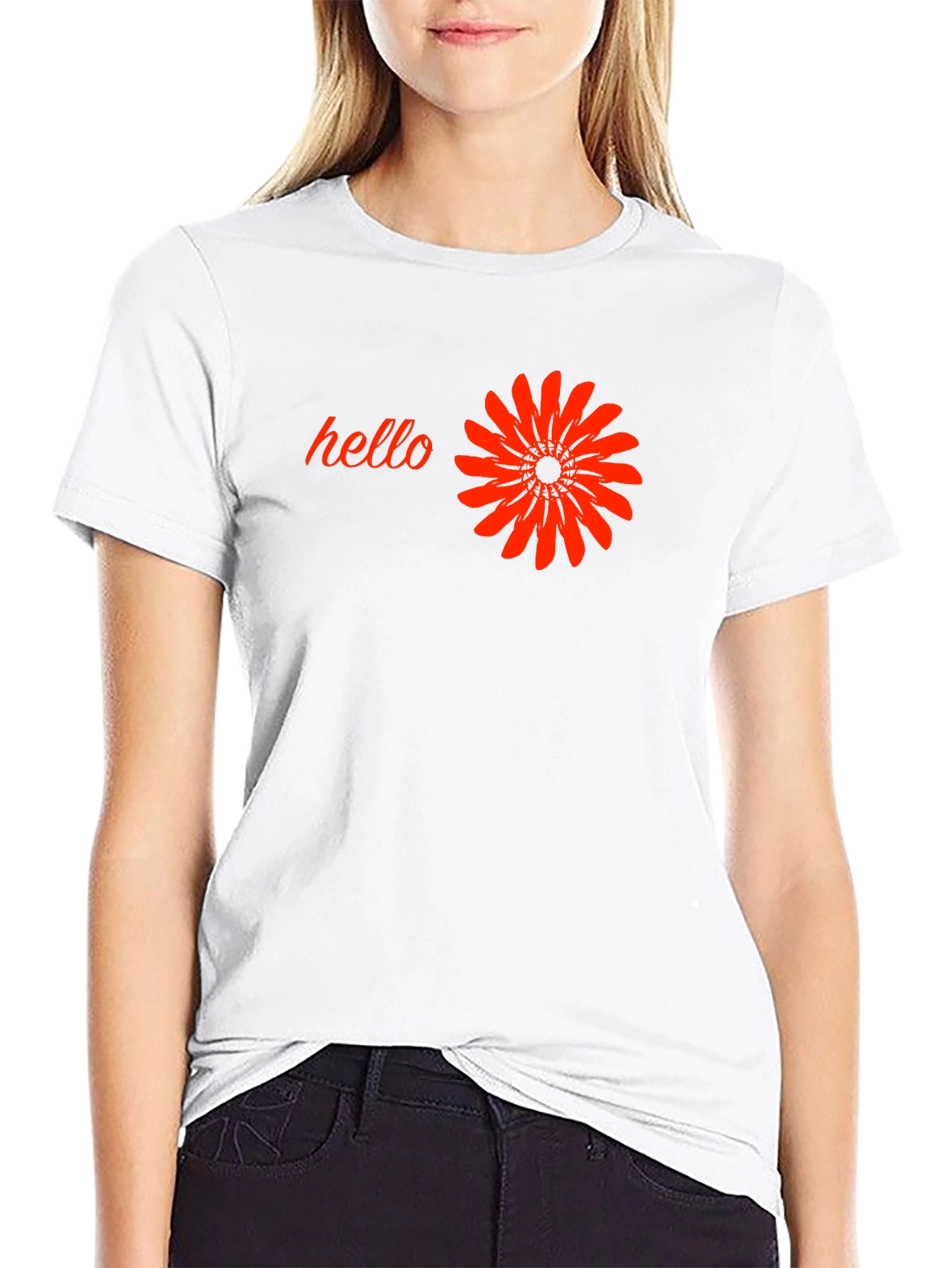 Black Black T-Shirt with 'Hello' and Flower Design view 9