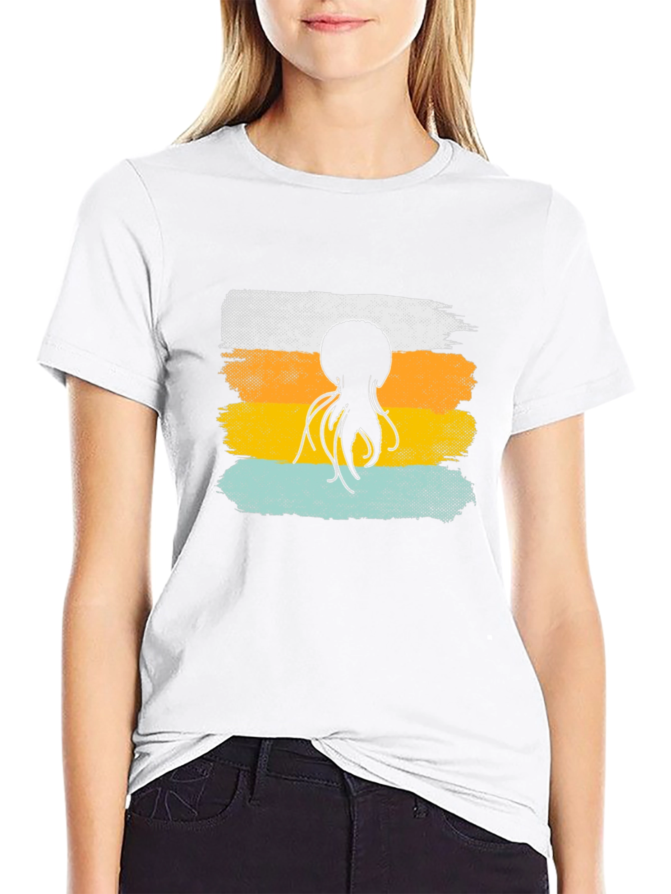 Black Octopus Retro Stripe T-Shirt, Soft Cotton Graphic Tee view 9
