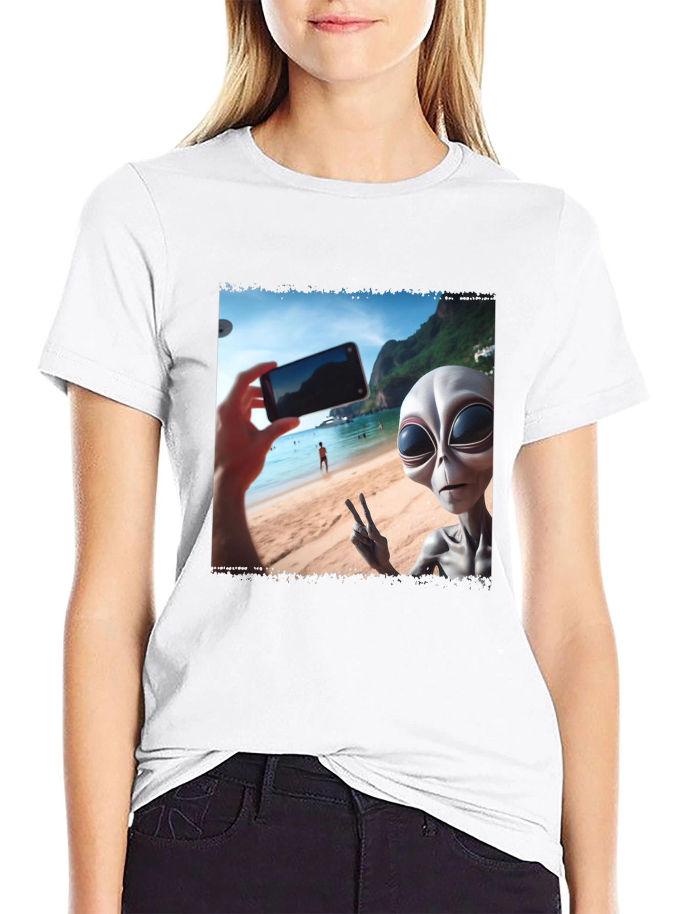Black Alien Selfie T-Shirt - Beach Vacation view 9