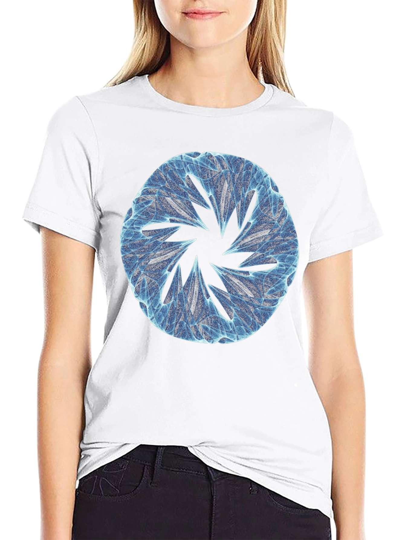 Black Abstract Blue Circular Design Black T-Shirt view 9