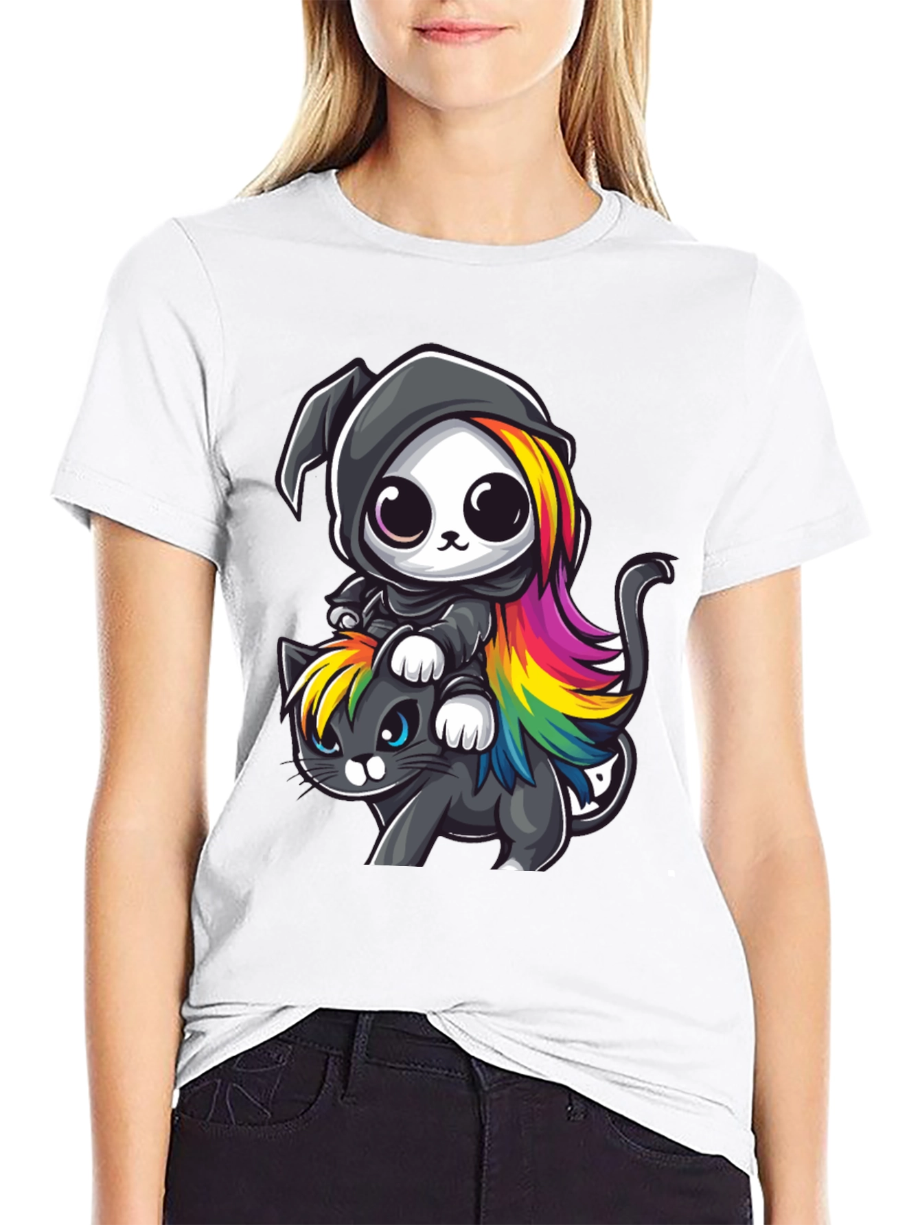 Black Cute Grim Reaper Cat Ride T-Shirt view 9