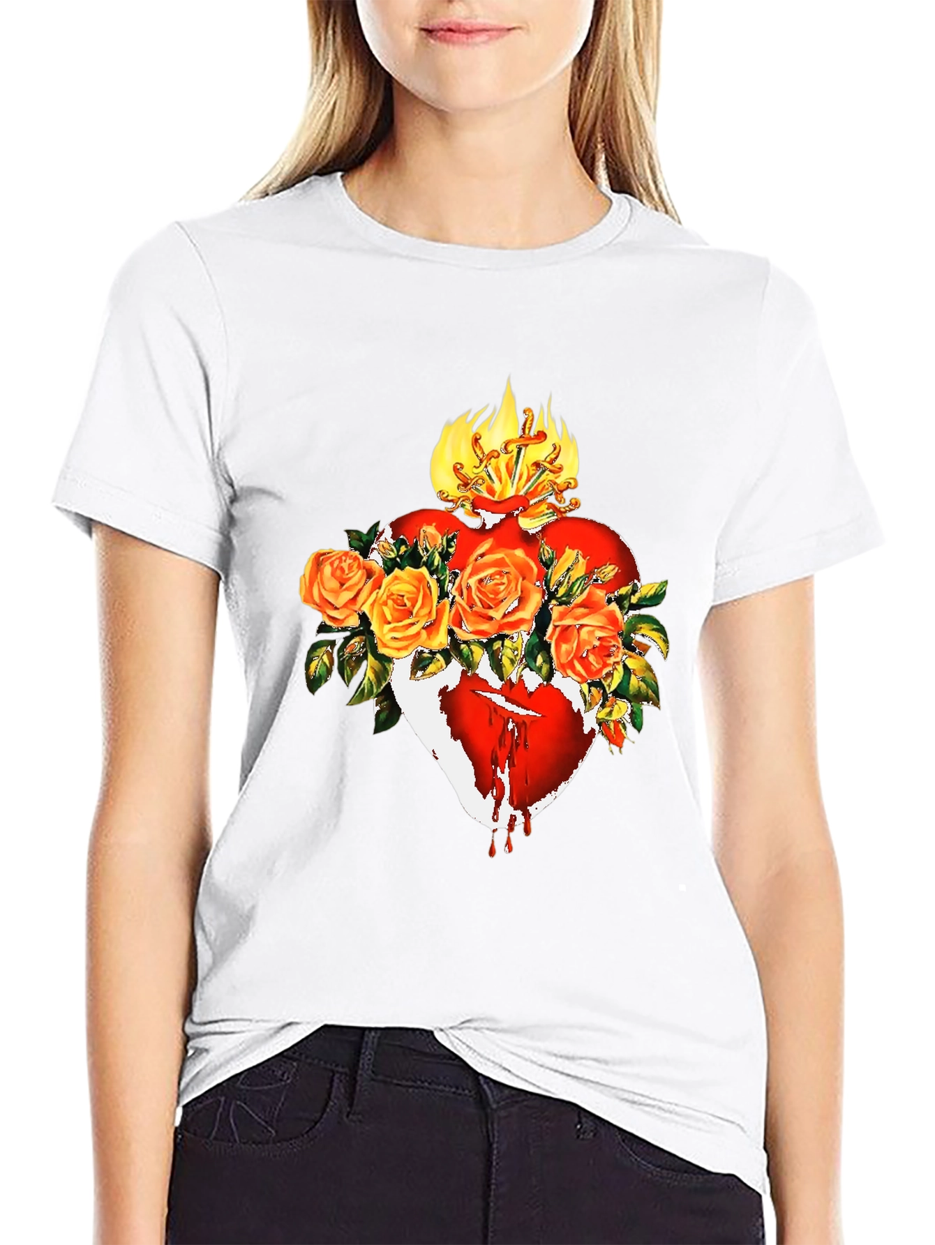 Black Sacred Heart Rose T-Shirt - Unique Graphic Tee view 9