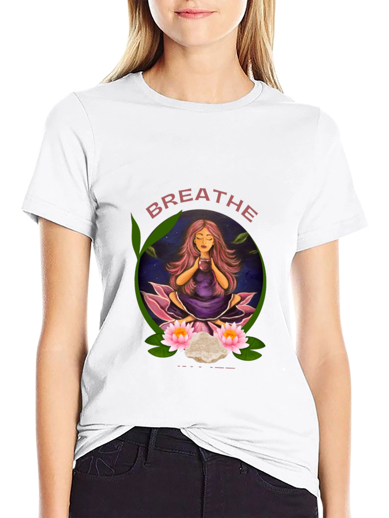 Black Breathe Yoga T-Shirt - Meditating Woman Design view 9