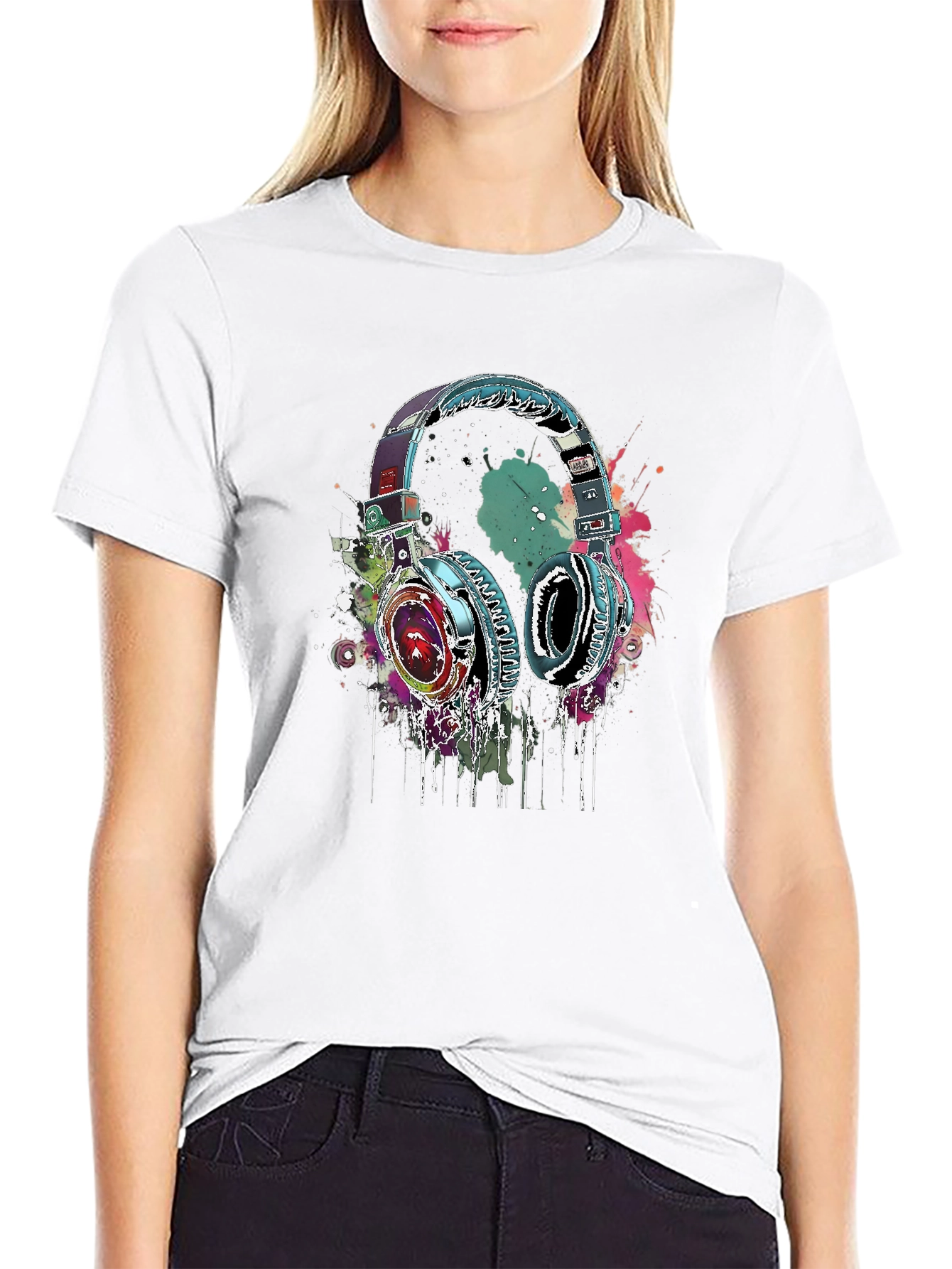 Black Vibrant Headphones Graphic Black T-Shirt view 9
