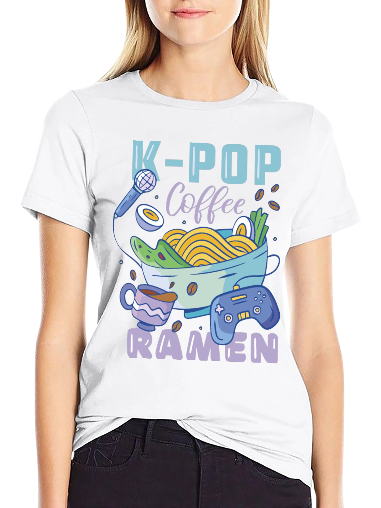 Black K-POP Coffee Ramen Gamer Graphic T-Shirt view 9