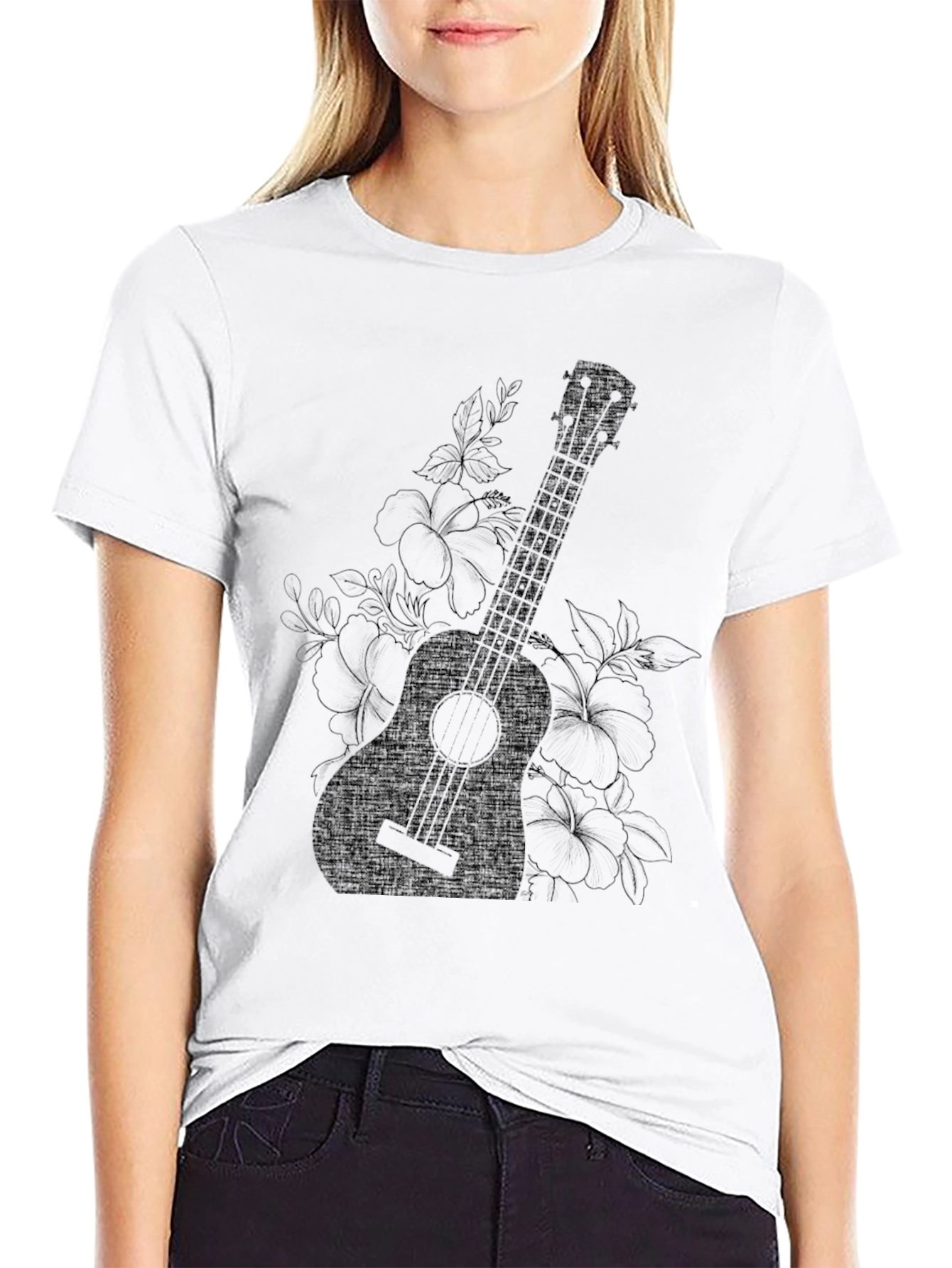 Black Floral Ukulele Graphic Tee - Black Comfort Fit T-Shirt view 9