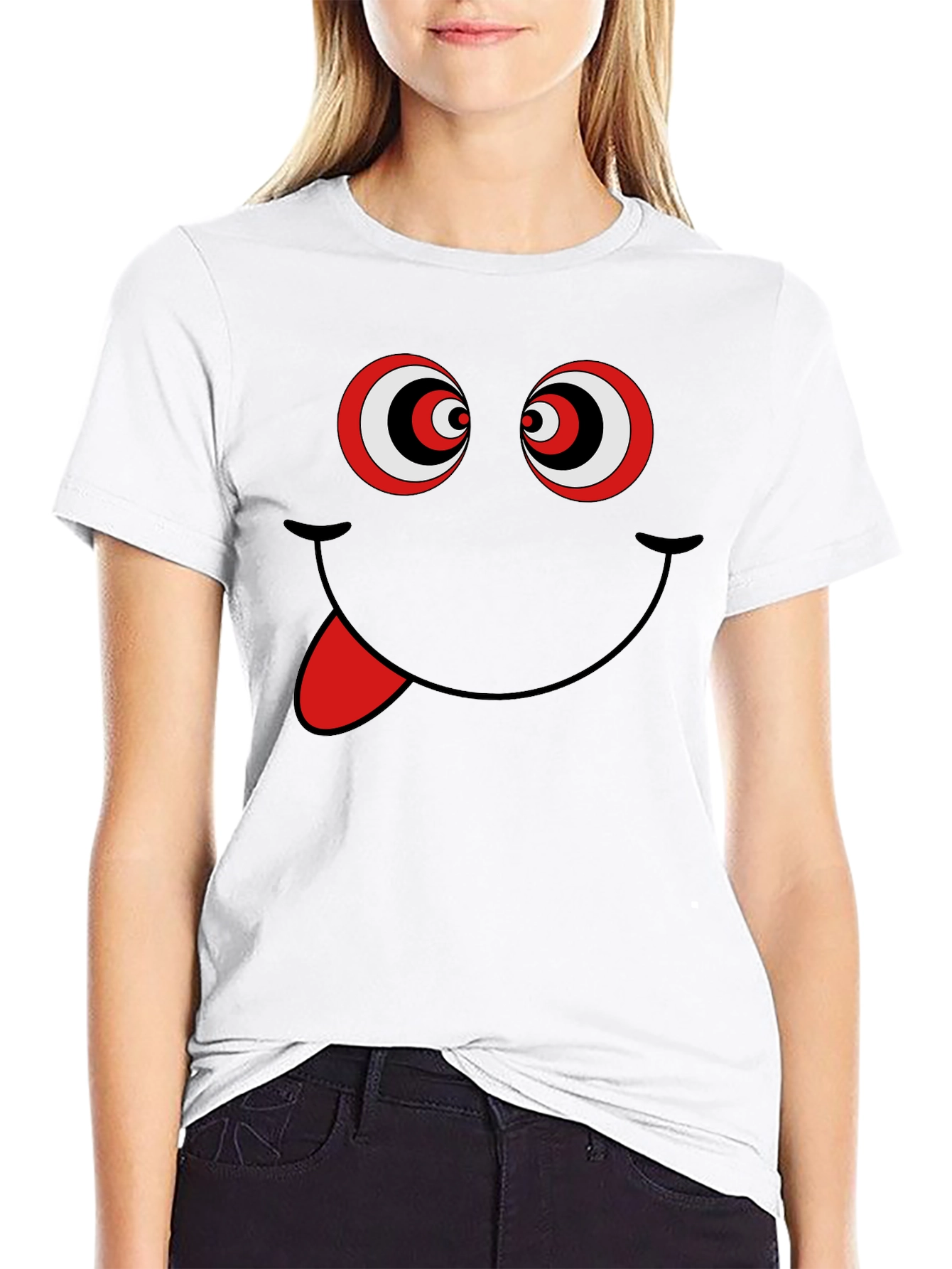 Black Funny Graphic Tee - Crazy Eyes Smiley Face T-Shirt view 9