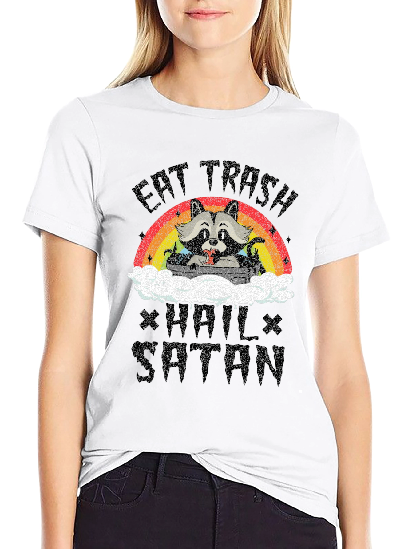 Black Eat Trash Hail Satan Funny Raccoon Graphic T-Shirt view 9