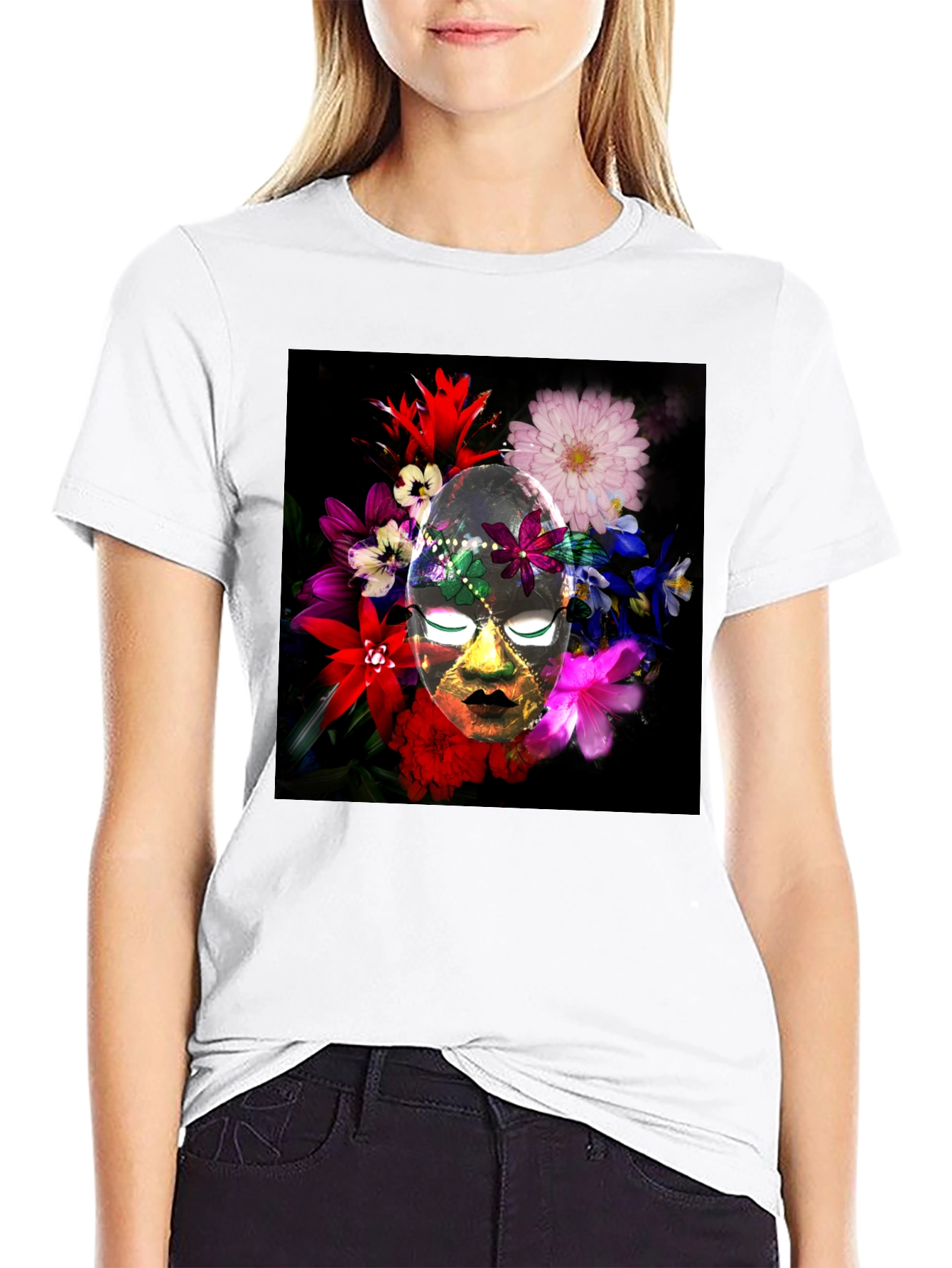 Black Floral Mask Graphic Tee - Black Cotton Blend view 9