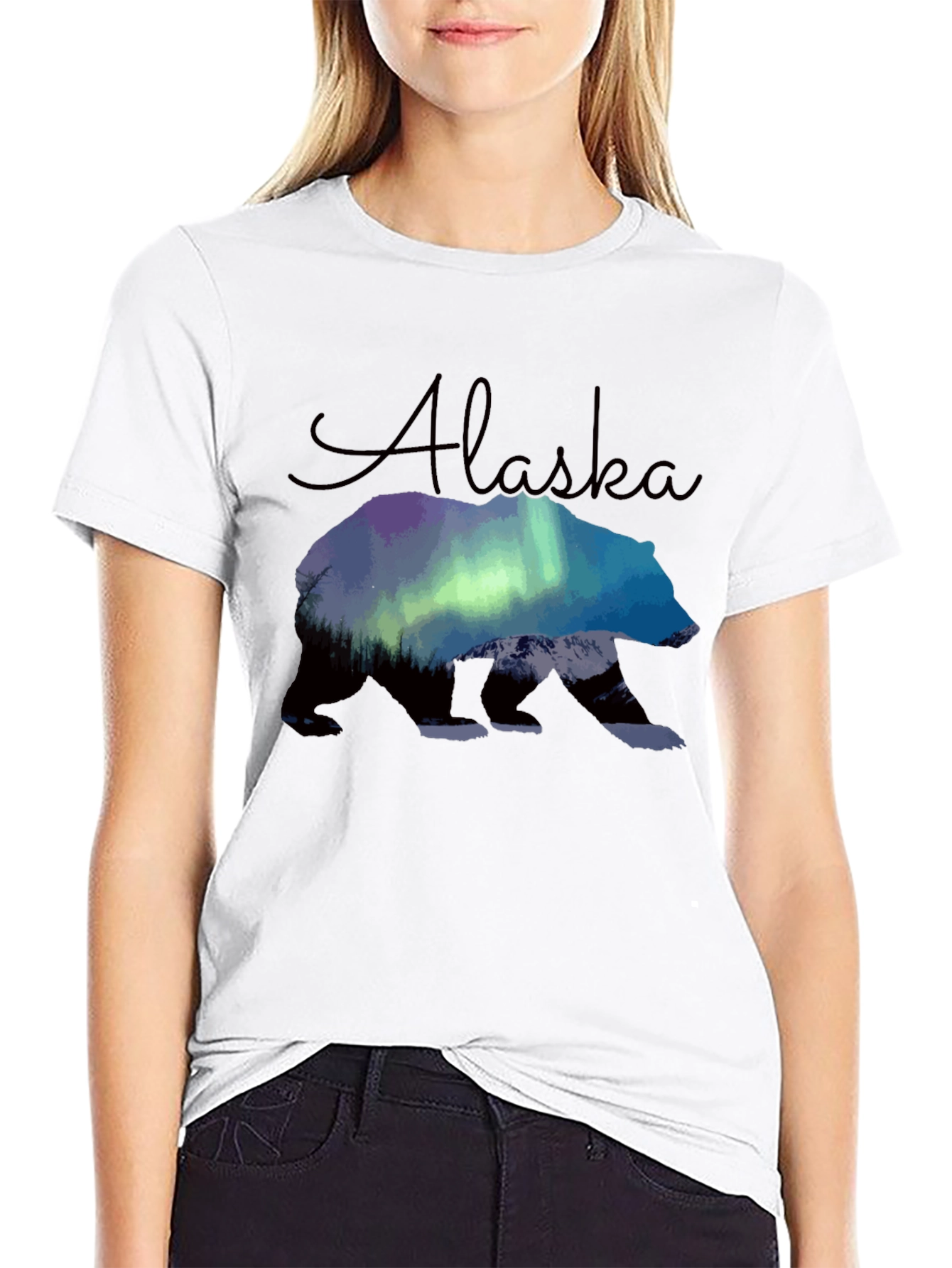 Black Alaska Bear Northern Lights Graphic T-Shirt view 9