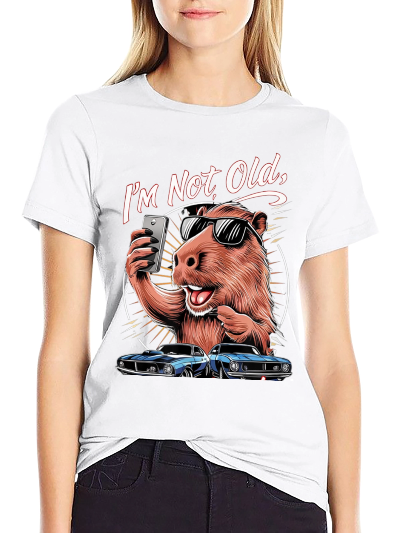 Black I'm Not Old T-Shirt: Capybara Selfie & Classic Car Design view 9