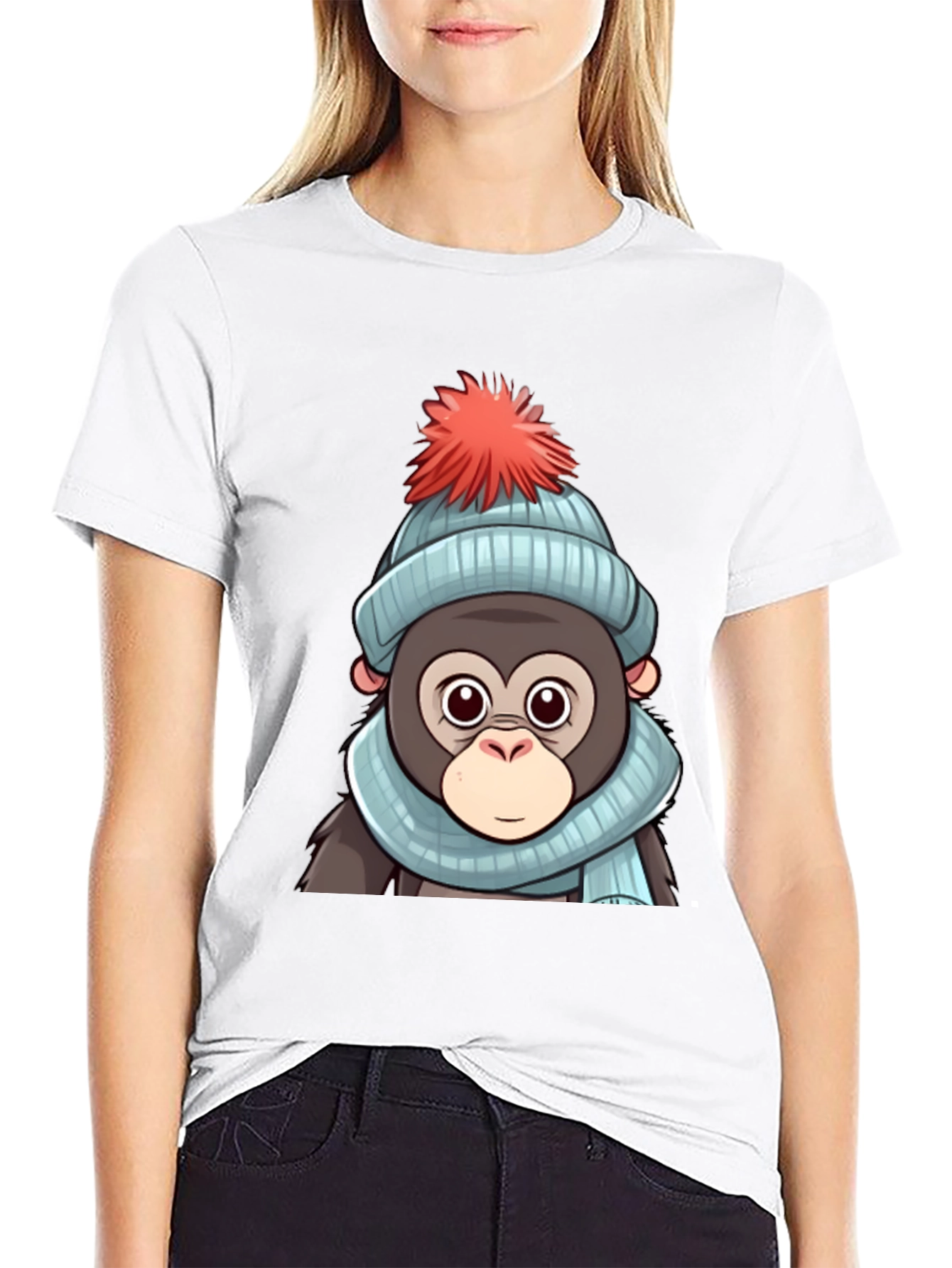 Black Cute Cartoon Monkey in Winter Hat T-Shirt view 9