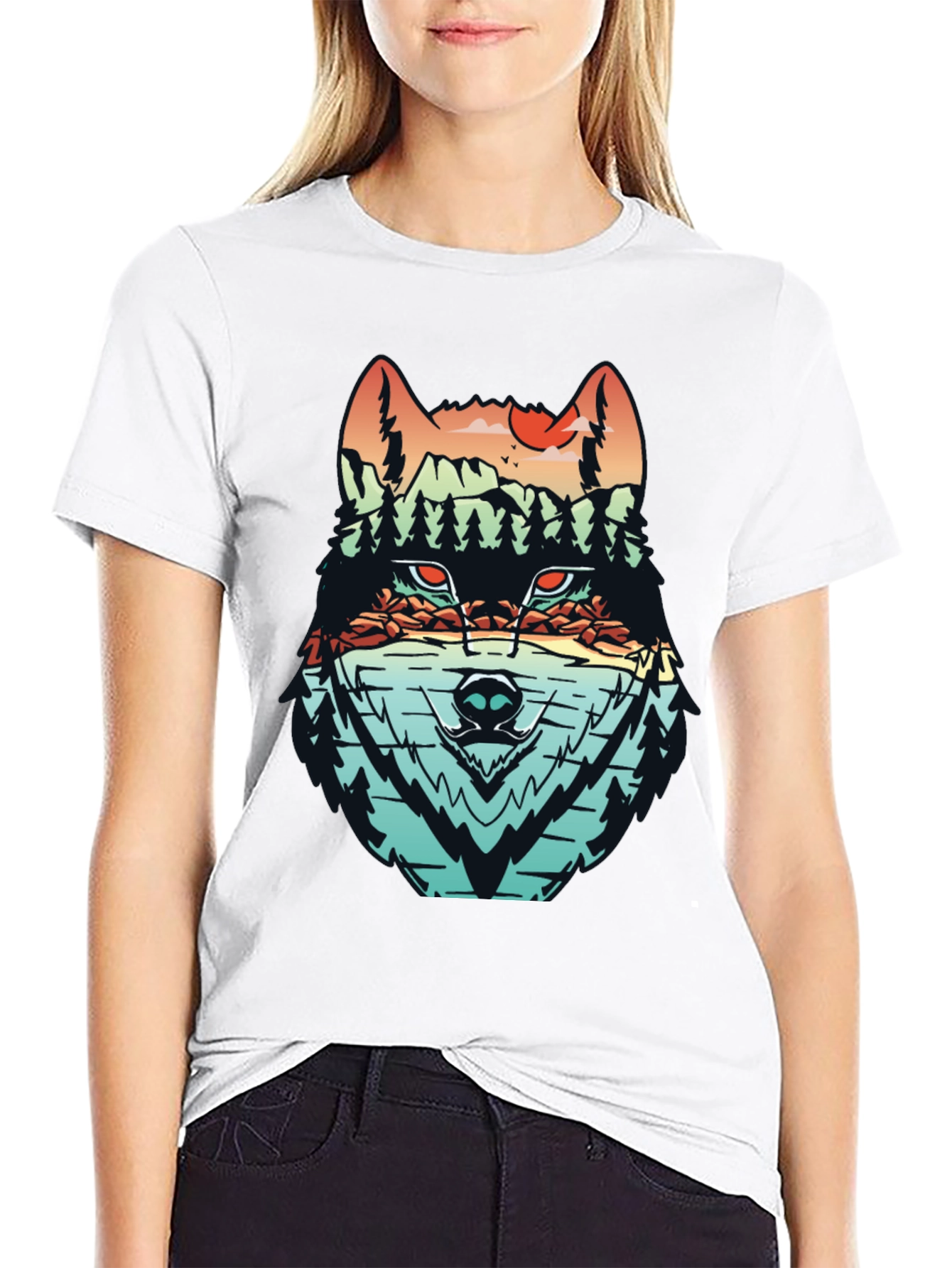 Black Nature Wolf Graphic Tee - Modern Mountainscape Design view 9