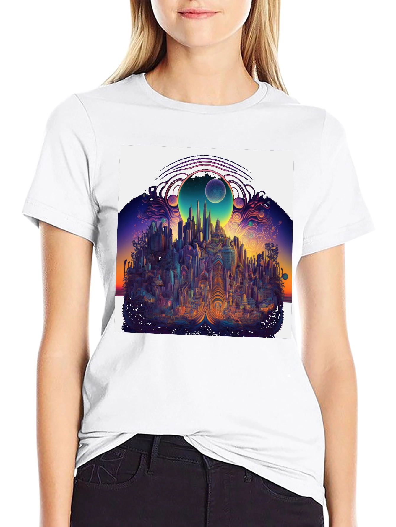 Black Surreal Cityscape Graphic Tee - Unique Black T-Shirt view 9