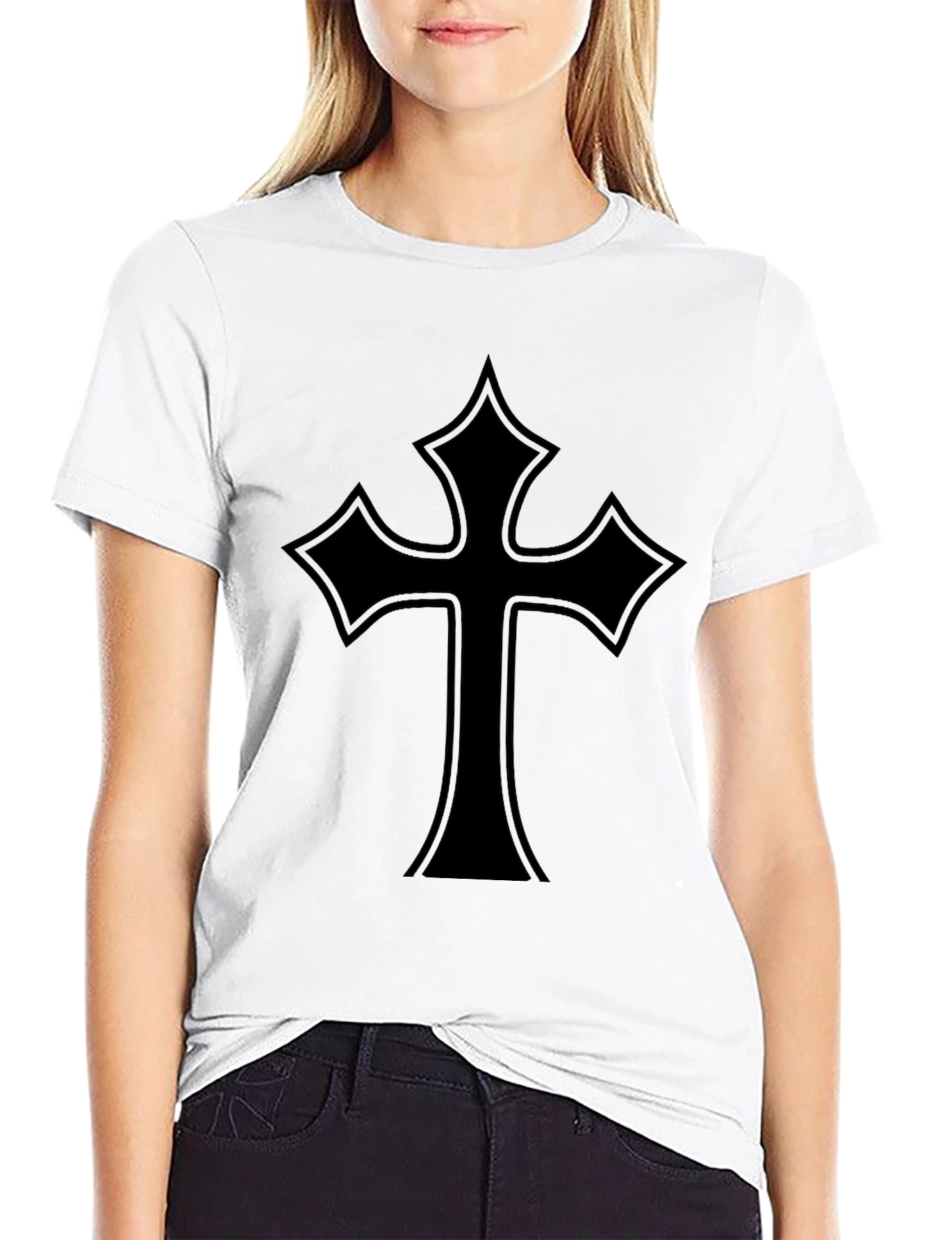 Black Men's Black T-Shirt with Gothic Cross Design view 9