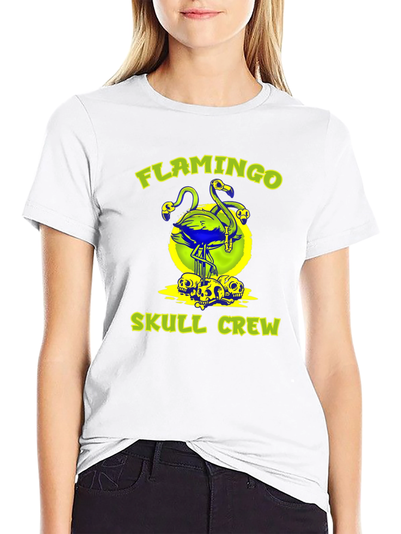 Black Flamingo Skull Crew Graphic Tee - Bold & Unique! view 9