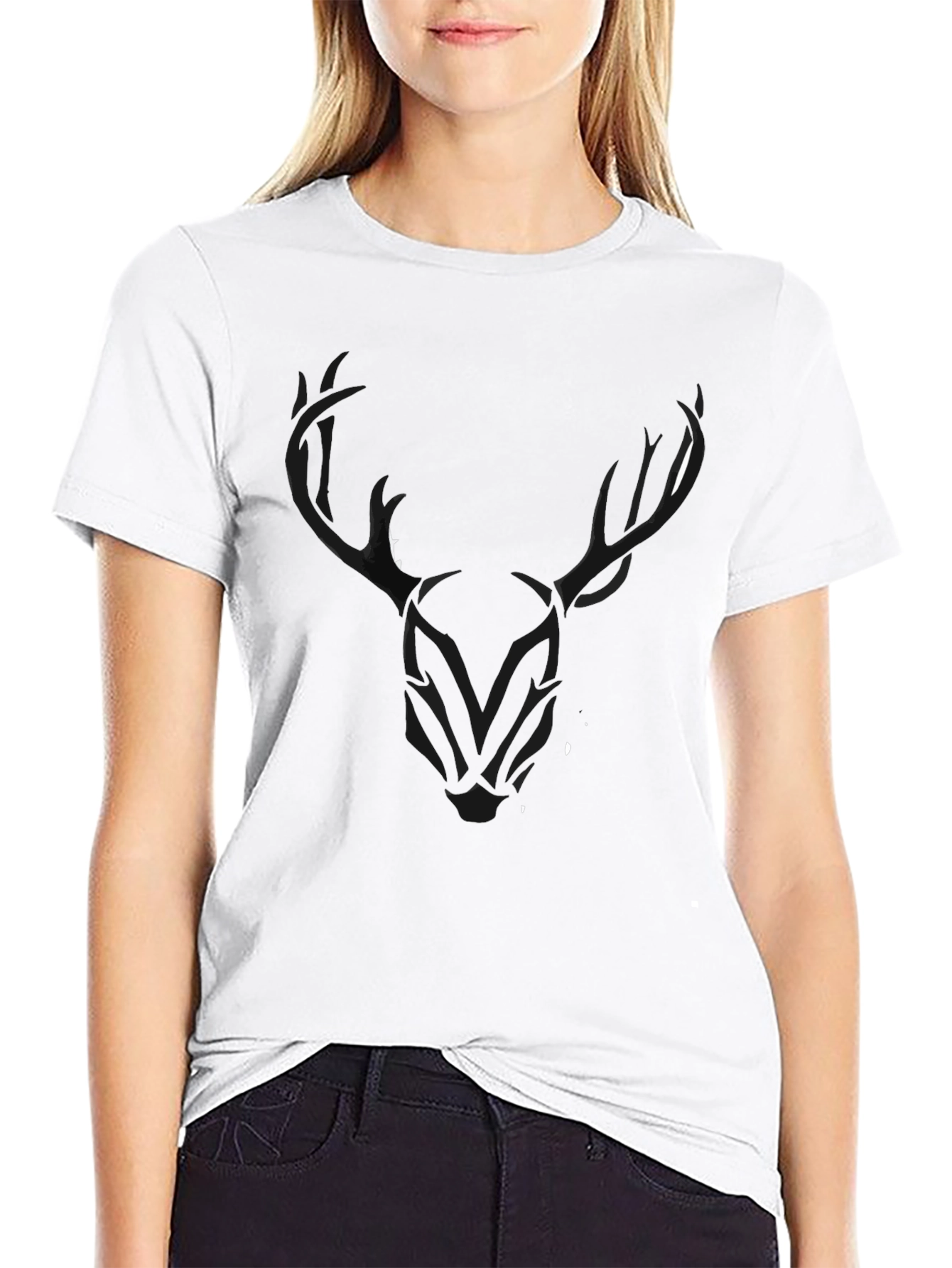Black Men's Black T-Shirt with Stylized Deer Head Graphic view 9