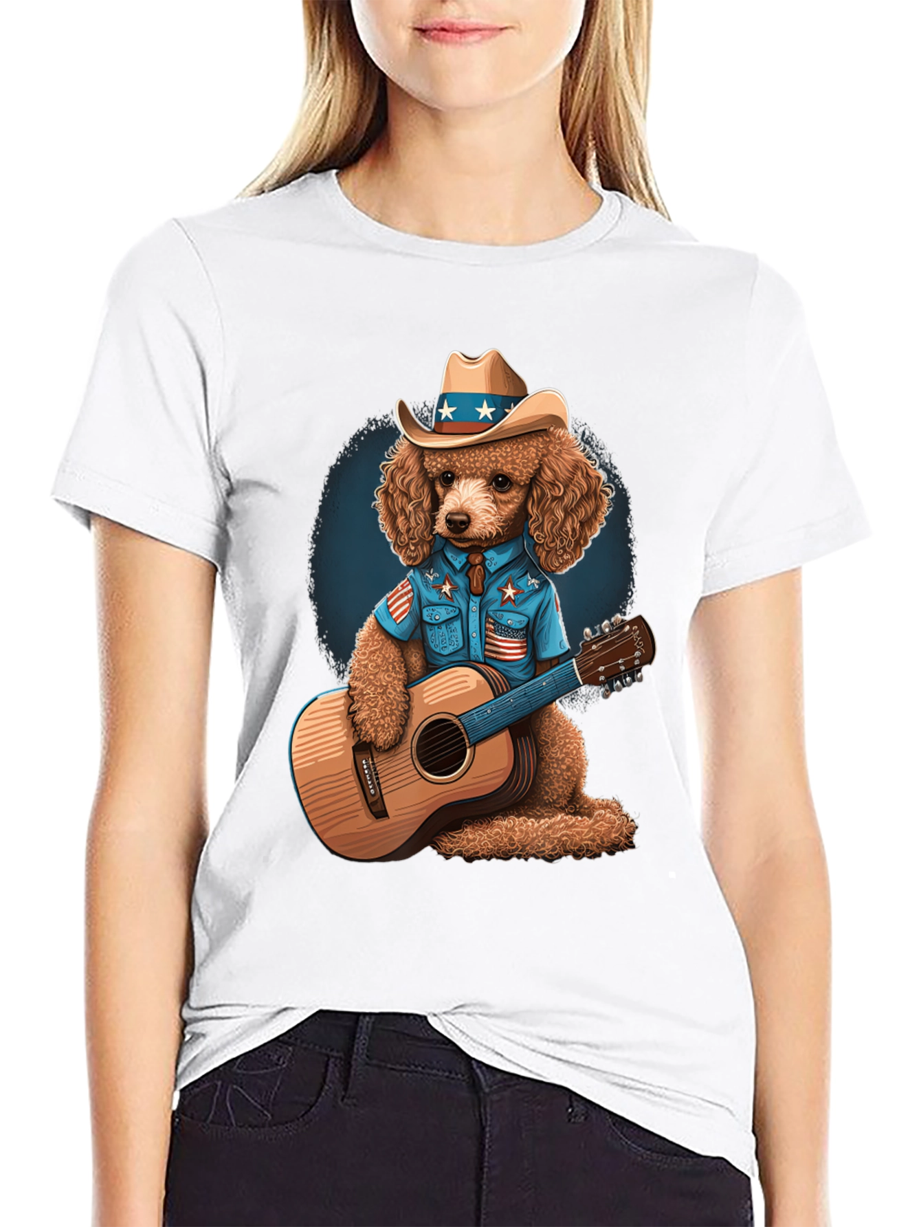 Black Patriotic Poodle Cowboy Guitarist T-Shirt view 9