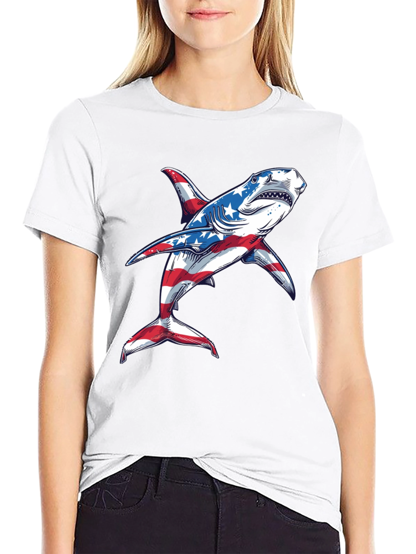 Black American Flag Shark Graphic Tee view 9