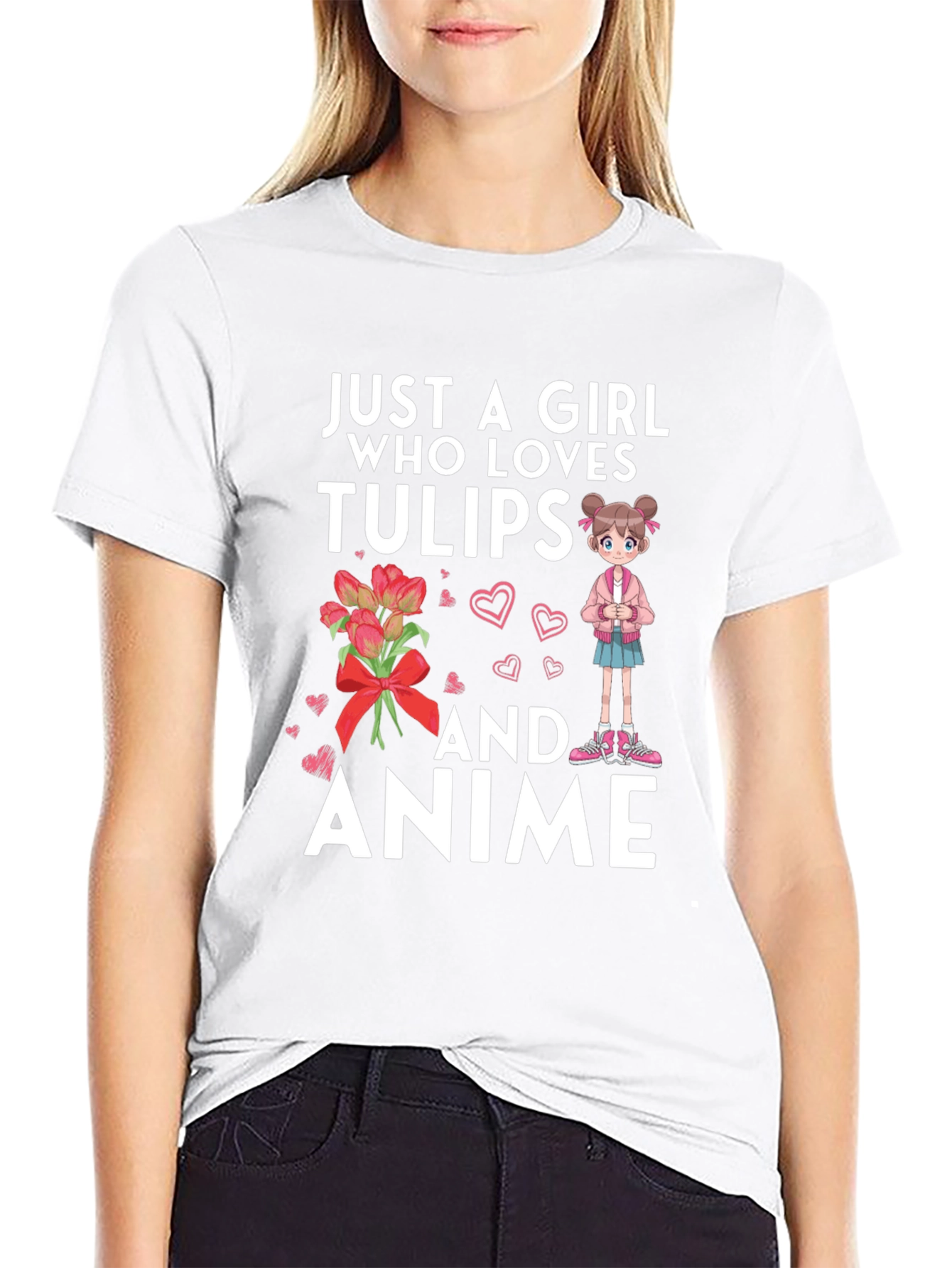 Black Just A Girl Who Loves Tulips and Anime T-Shirt view 9