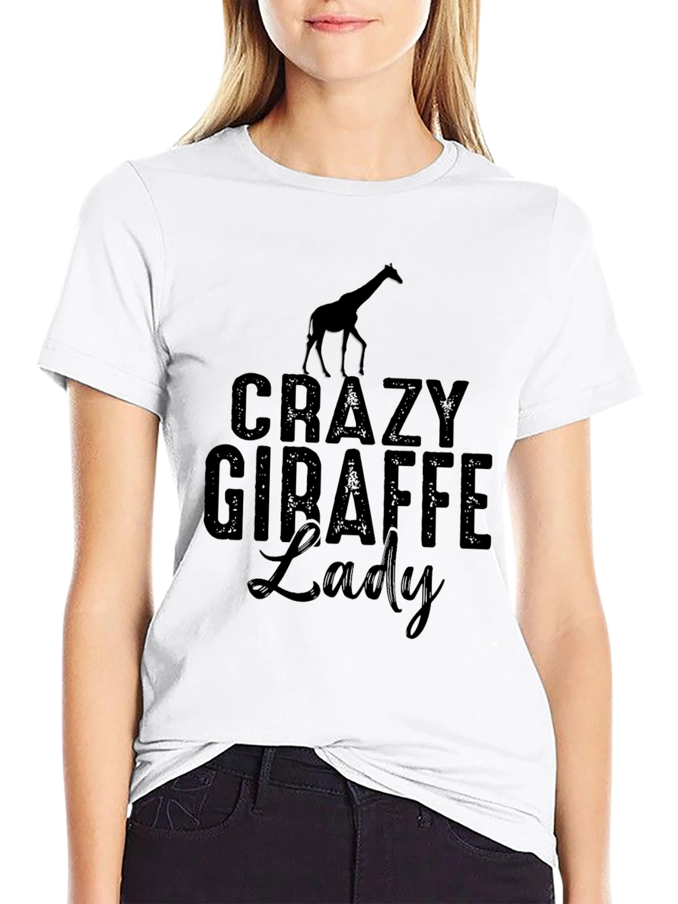 Black Crazy Giraffe Lady Graphic Tee Shirt view 9