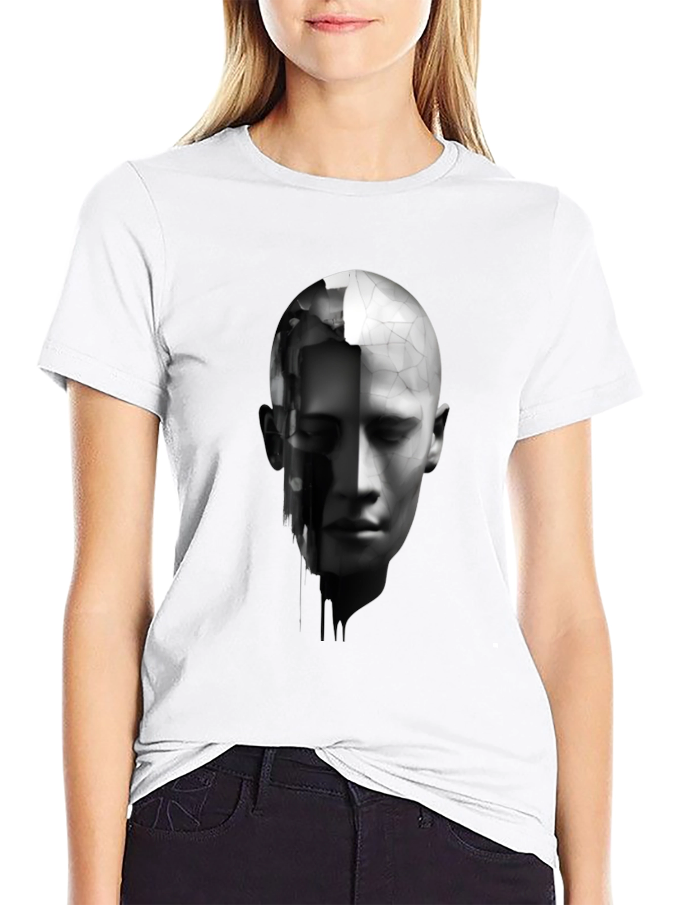 Black Abstract Human Face Graphic Print Black T-Shirt view 9