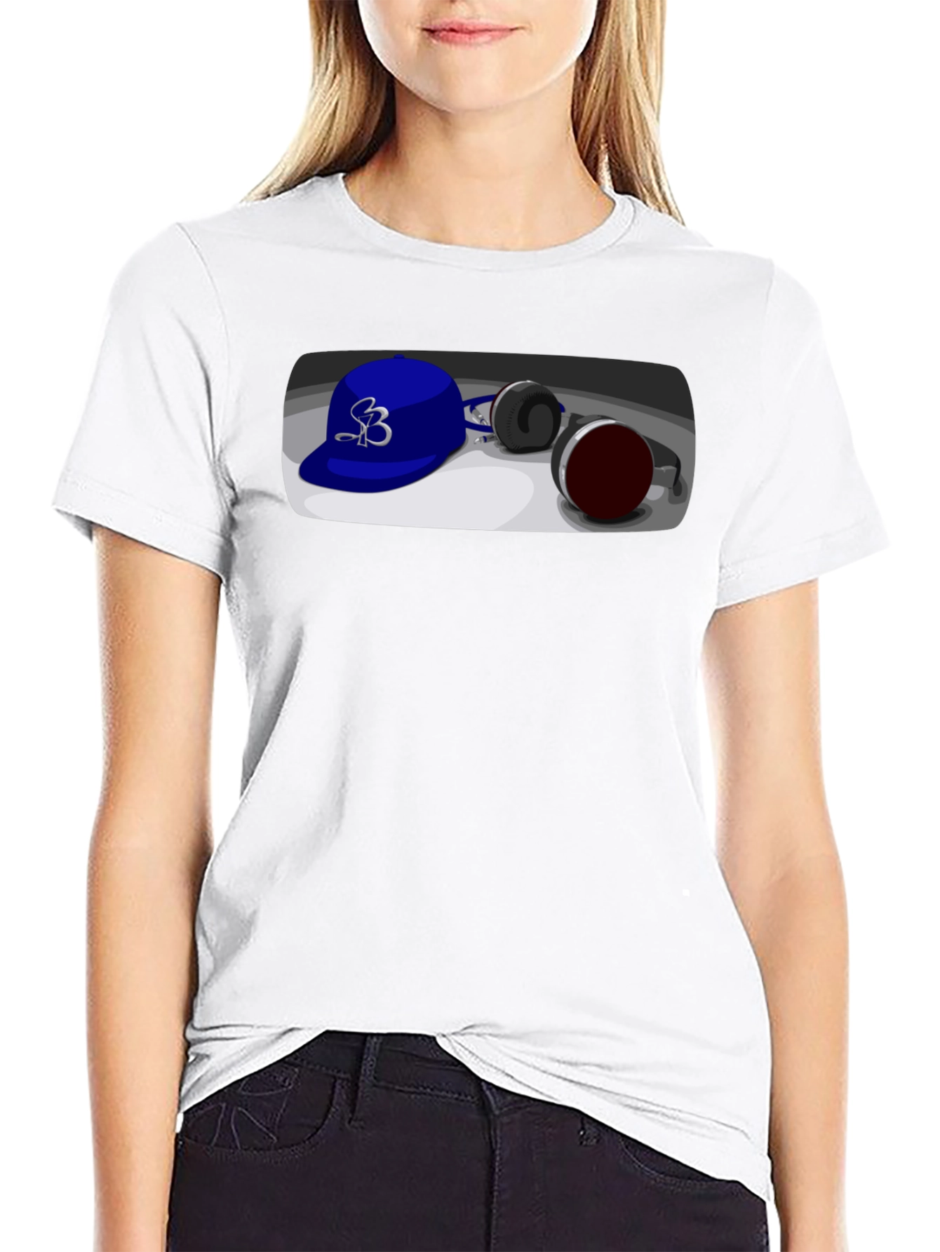 Black Cool Cartoon Blue Hat and Headphones Graphic Tee view 9