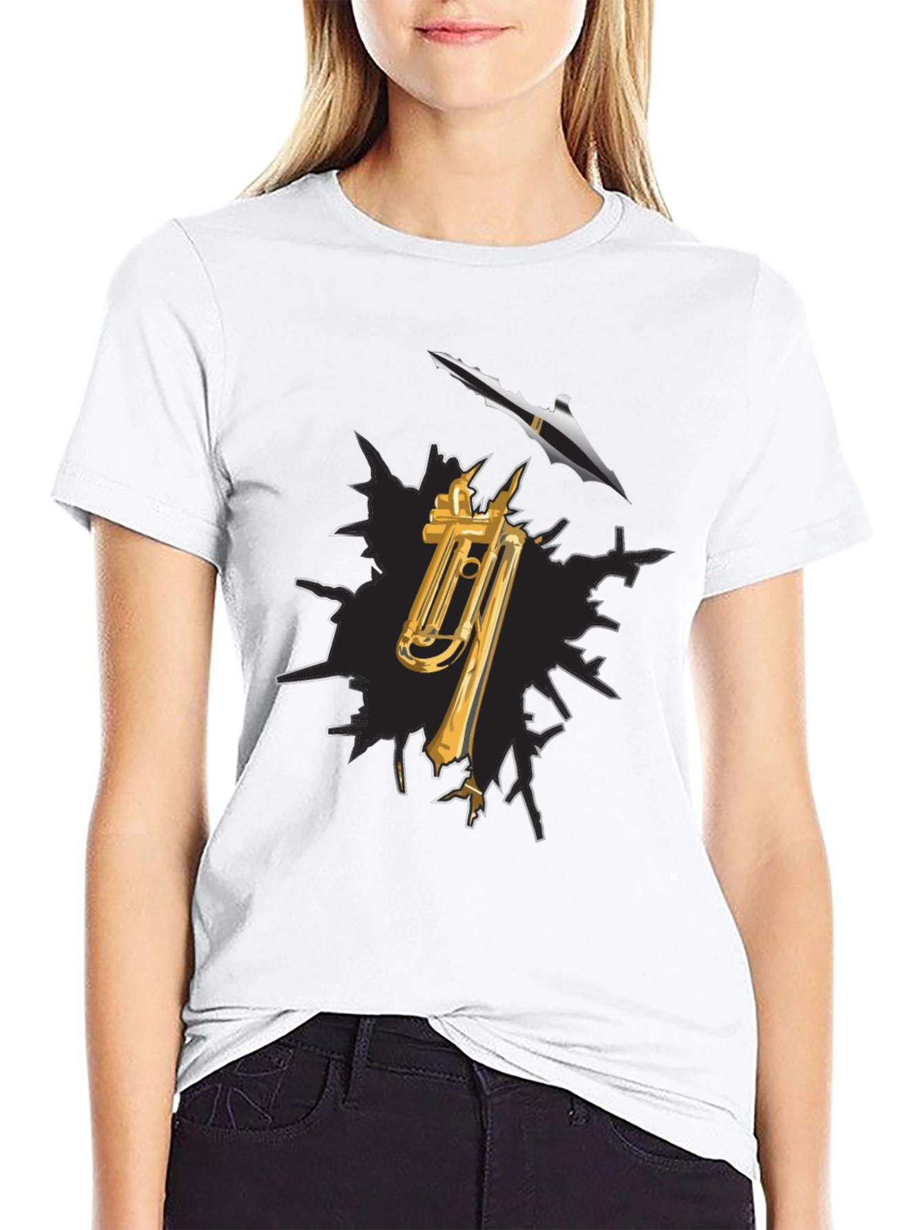 Black Trumpet and Spear Graphic Black T-Shirt view 9